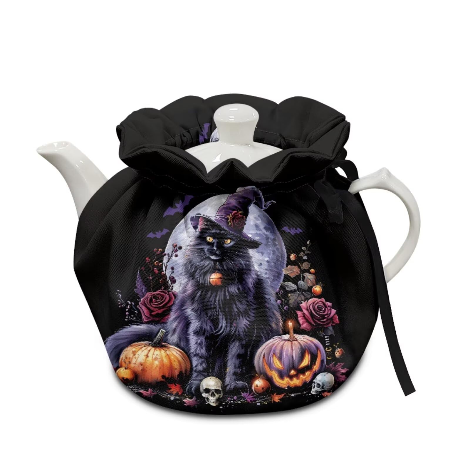 Halloween Tea Cozy for Teapot Black Cat Tea Cosy with Insulated Pad Heat Resistance Kettle Cover Coffee Pot Dust Cover Halloween Tabletop Decor for Kitchen
