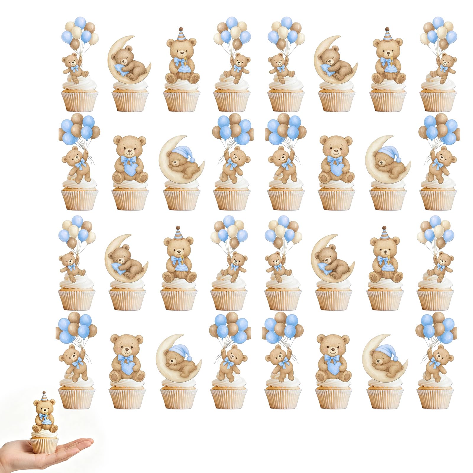 BRTNUP Baby Shower Cupcake Toppers Set of 32, Teddy Bear Cake Toppers Cake Topper Decorations Baby Shower Cupcake Decorations with Balloon Moon Heart for Gender Reveal 1st Birthday Christening (Blue)