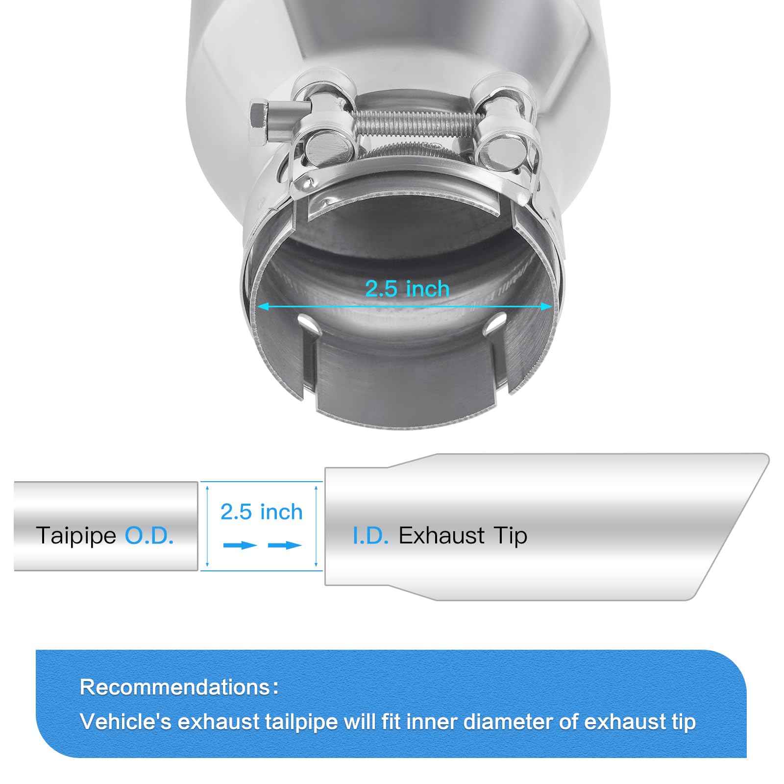Punta de escape, 6,3 cm de entrada a 8,9 cm de salida, punta de escape, 17 cm de longitud, punta de silenciador, acero inoxidable 304, tubo de escape, punta de escape diésel, abrazadera de