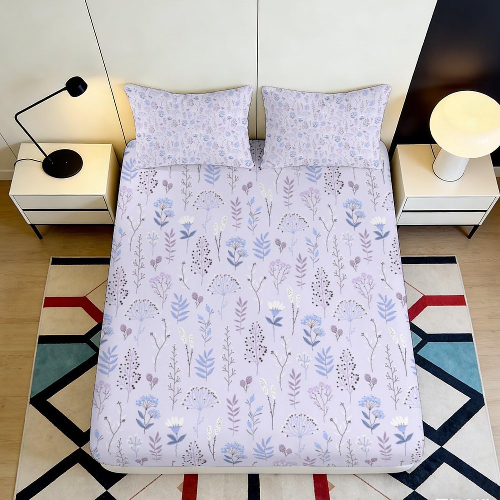 3D Printed Lavender Wildflower Fitted Sheet Microfiber Soft Floral Meadow Bed Cover for Bedroom Dorm Decor 90x200x25cm