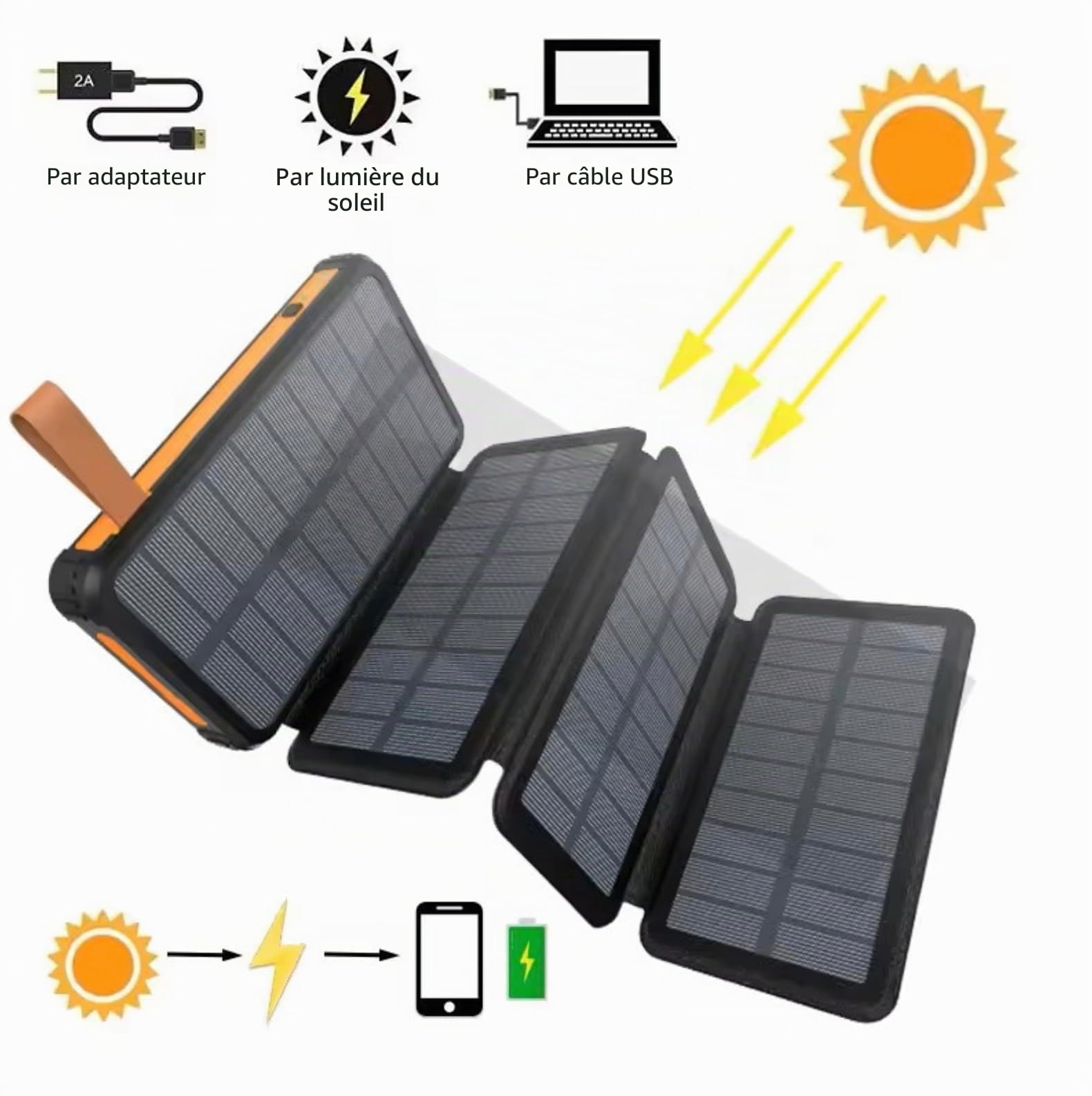Solar Power Bank 20 000 mAh avec 4 panneaux solaires - Chargeur portable étanche IP65 - Charge rapide USB et USB-C - Powerbank pour iPhone, Samsung - Camping, extérieur, urgences - QuickPrep