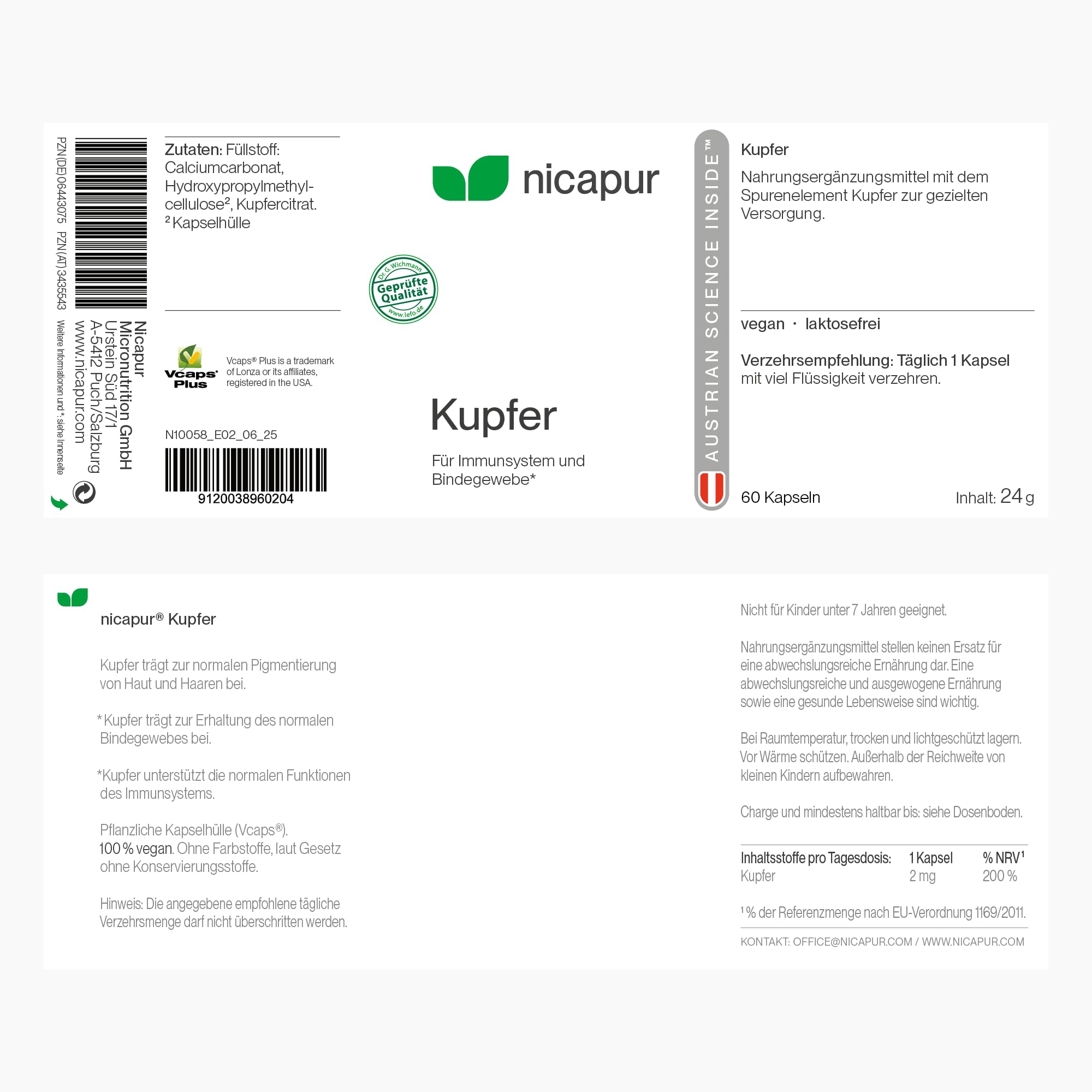 NICApur Kupfer , mit dem Spurenelement Kupfer zur Verbesserung der Versorgung , Reinsubstanz ohne Zusatzstoffe , 60 Kapseln