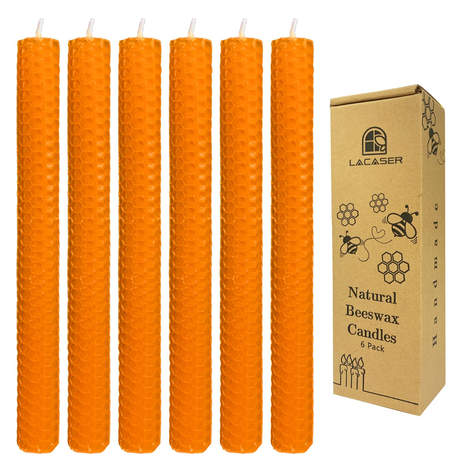 Orange Beeswax Taper Candles Set of 6pcs, 9" Long Candlesticks for Autumn, Unscented & Smokeless & Handrolled Bees Wax Candles for Home, Dia 0.82" Base,Burning Time 4 Hours