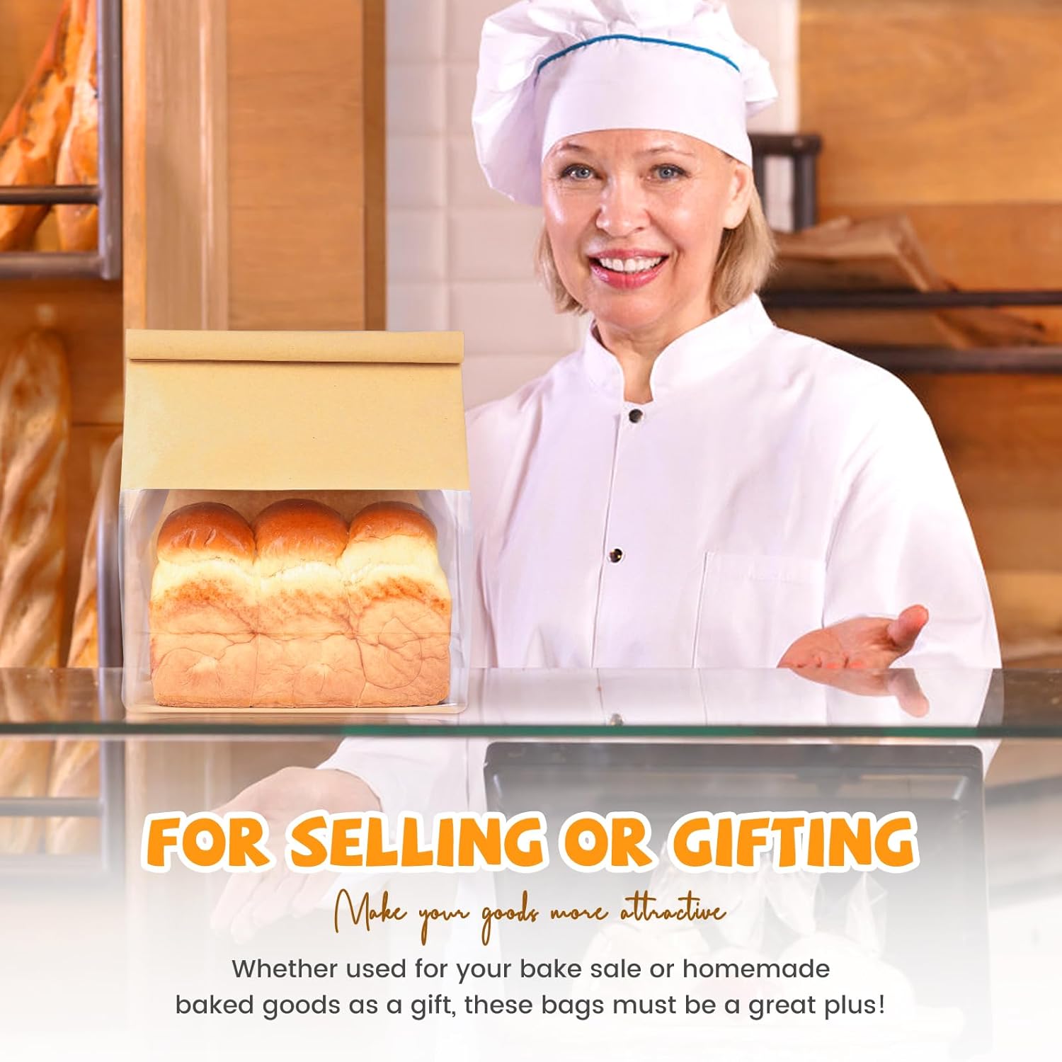 100 Pack Bread Bags with Tabs for Homemade Sourdough Bread, 8.7x4.3x11 Inches Tin Tie Tab Lock Large Paper Bakery Packaging Bags with Window for Gifting & Bake Sale | Thick Material, Grease Resistant, Self Standing