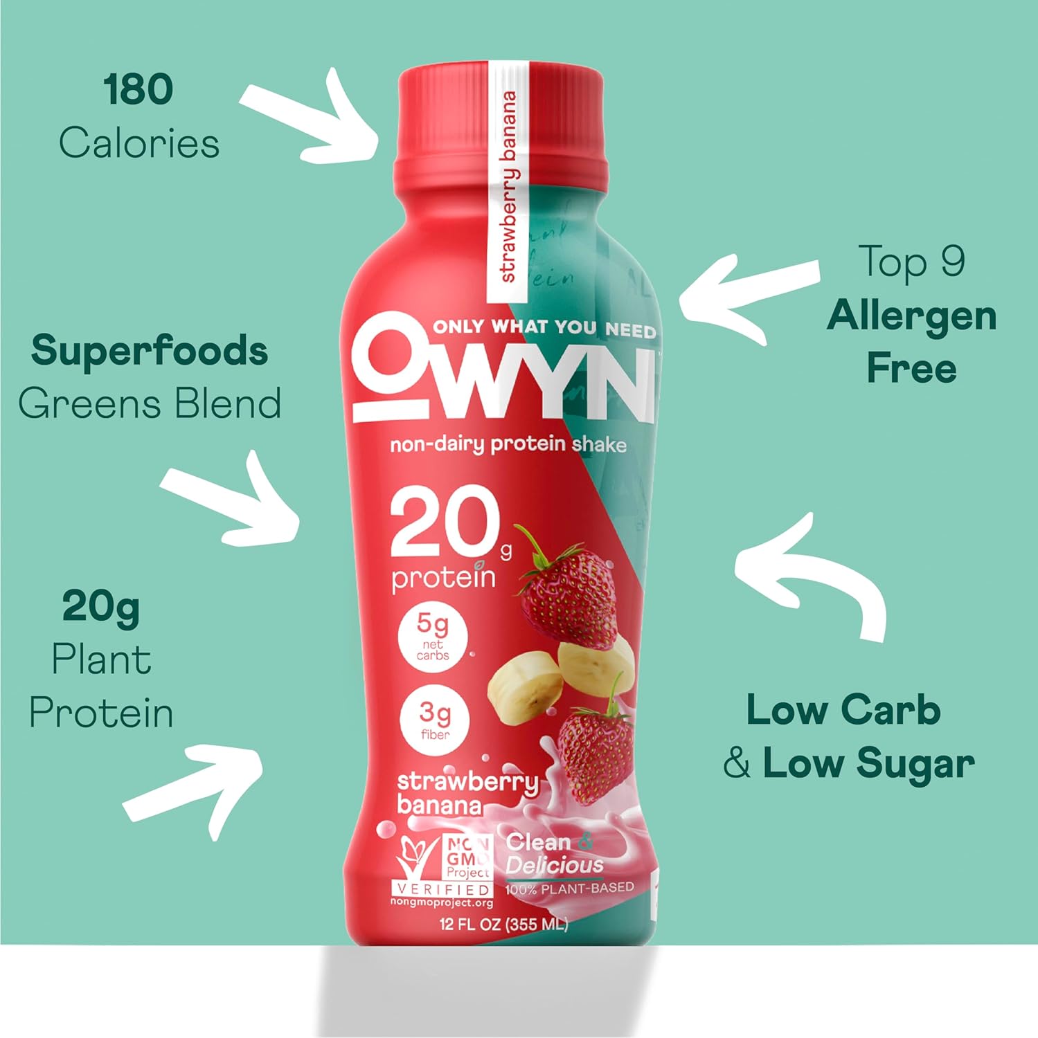 OWYN Only What You Need Strawberry Banana Flavored Protein Shake Liquid, 20g Protein, 4g Sugar, 3g Fiber, Dairy-Free, Plant-Based Protein Drink, 12 Count - Image 3