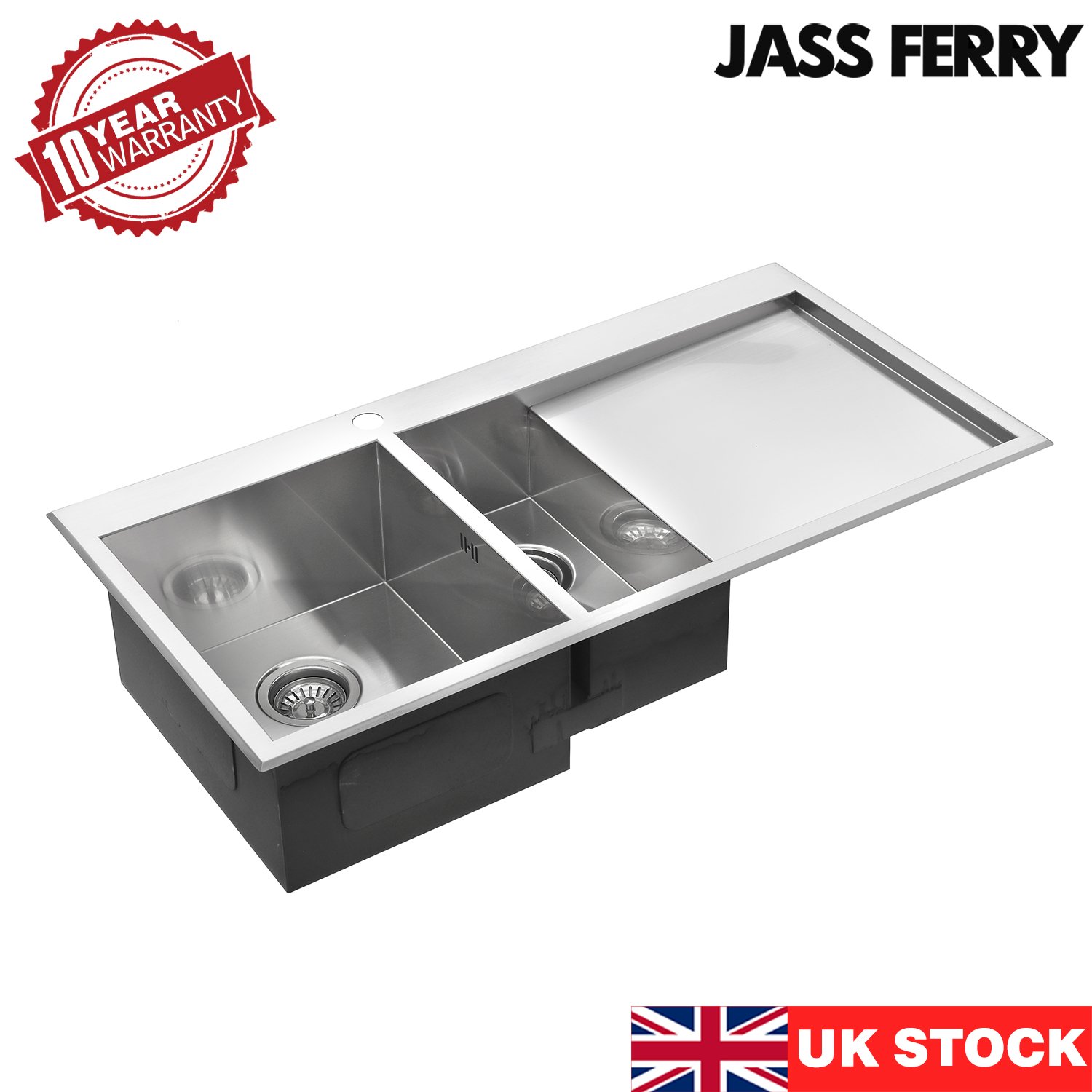 JASS Ferry - Lavello da cucina in acciaio INOX di alta qualità, spessore 1,2 mm, realizzato a mano, 1,5 ciotole, scolapiatti a destra con filtro per tubi di scarico