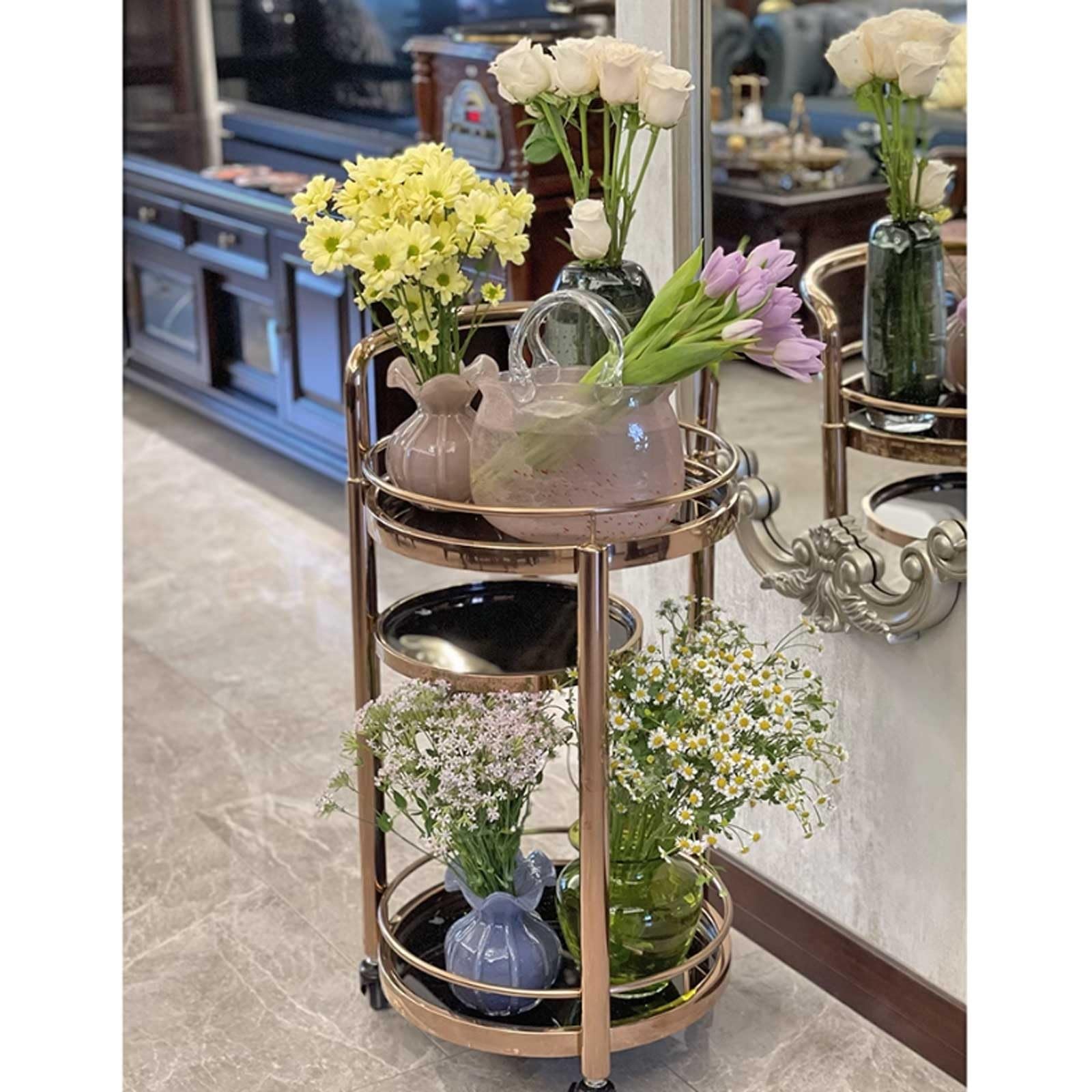 Carrelli di servizio Carrello da bar rotondo in metallo a 3 livelli Mini carrello con rotelle Vassoio a più for organizer tavolo , scaffale cucina di casa, 16,5x ,5 X 32,6 pollici Organizzazione(Gold)