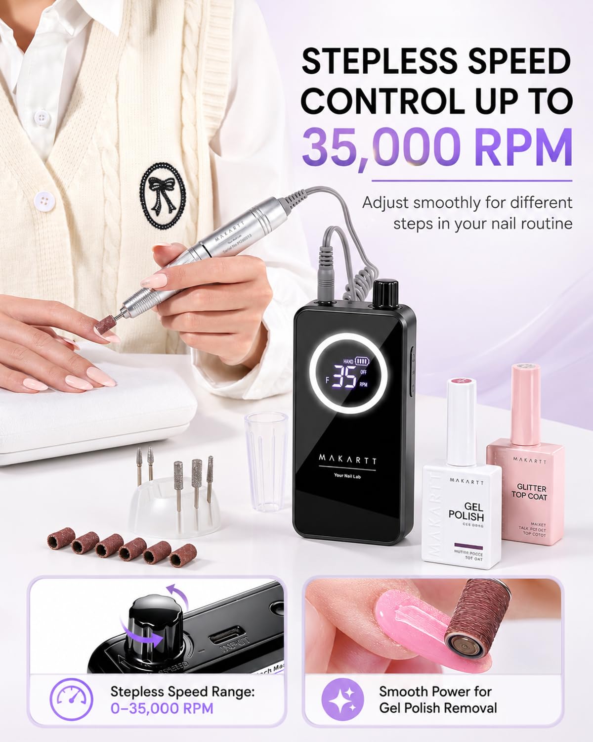 Makartt Fresa de uñas recargable 35000 rpm para acrílico y gel