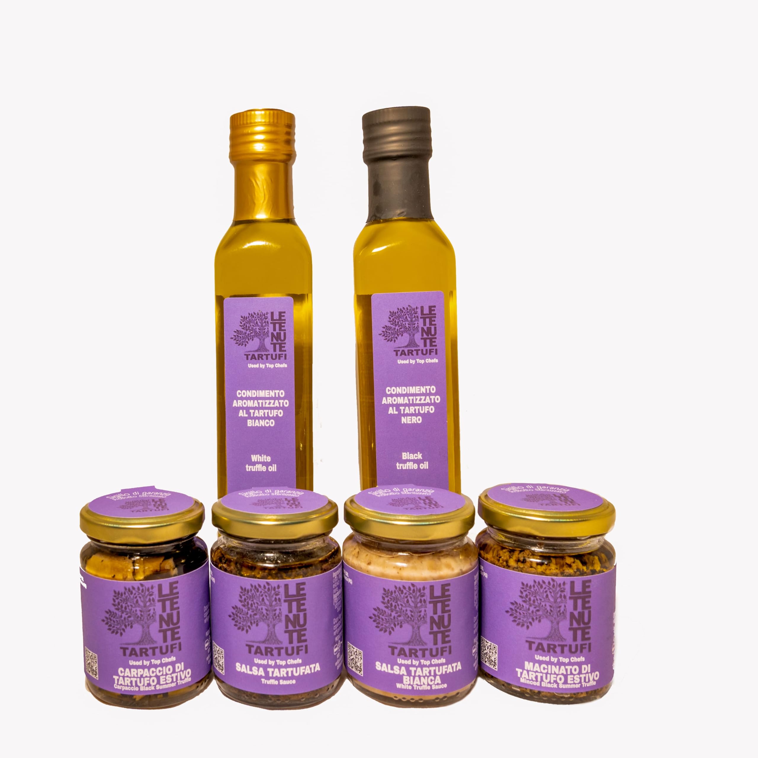 Box Le Tenute Tartufi, 2 condimenti aromatizzati da 250ml, vasetti da 80g carpaccio di tartufo, tartufo macinato, salsa tartufata bianca e nera.