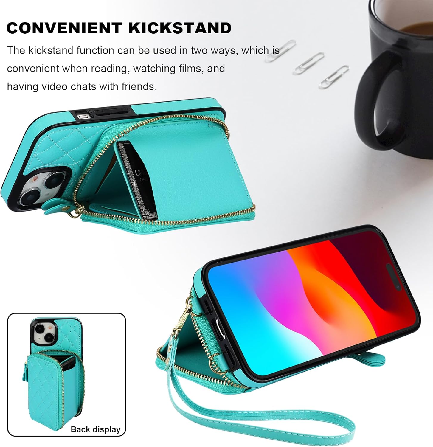 Bocasal Crossbody Wallet Case for iPhone 15, RFID Blocking PU Leather Zipper Handbag Purse Flip Cover, Kickstand Folio Case with Card Slots Holder Wrist Strap Lanyard 5G 6.1 Inch (Mint Green)