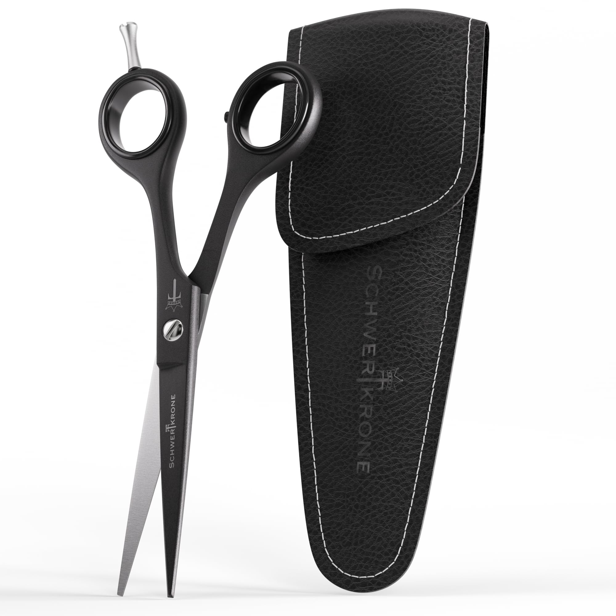 SCHWERTKRONE® Profi Haarschere 6 Zoll – matt-schwarze Friseurschere aus Edelstahl für präzises Haare schneiden, Bartpflege & Heimfriseur Set inkl. Etui