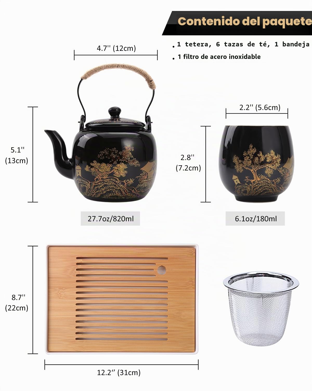 DUJUST Juego de Té Japonés, Juego de Té Chino de Porcelana Negra con 1 Tetera, 6 Tazas de Té, 1 Bandeja, 1 Infusor, Hermoso Juego de Té Asiático para Amantes del Té (Campo en Dorado)