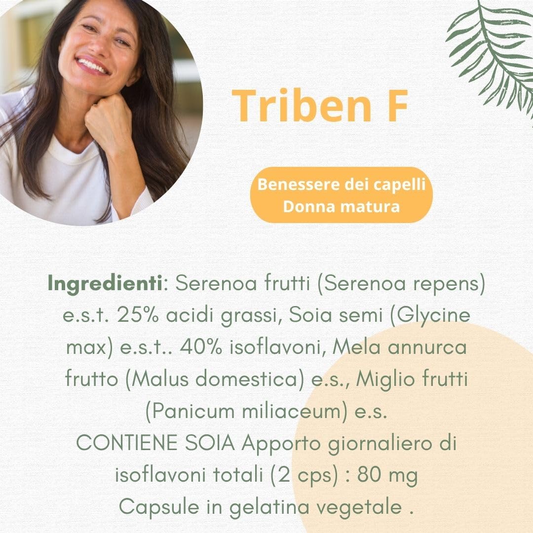 Fitoben | Triben F® Integratore Naturale per Donna in Menopausa, Contrasta la Perdita dei Capelli, con Miglio, Serenoa, Mela Annurca e Soia, 60 Capsule Vegetali