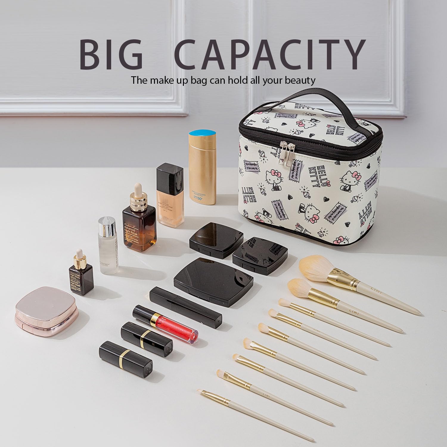 Vimanllie Cosmetic Bag Large Travel Makeup Bag with Makeup Brush Storage for Women-Durable Oxford CanvasToiletry Bag for Home & Skincare Essentials Storage,Sweet Cute Bag for Girls