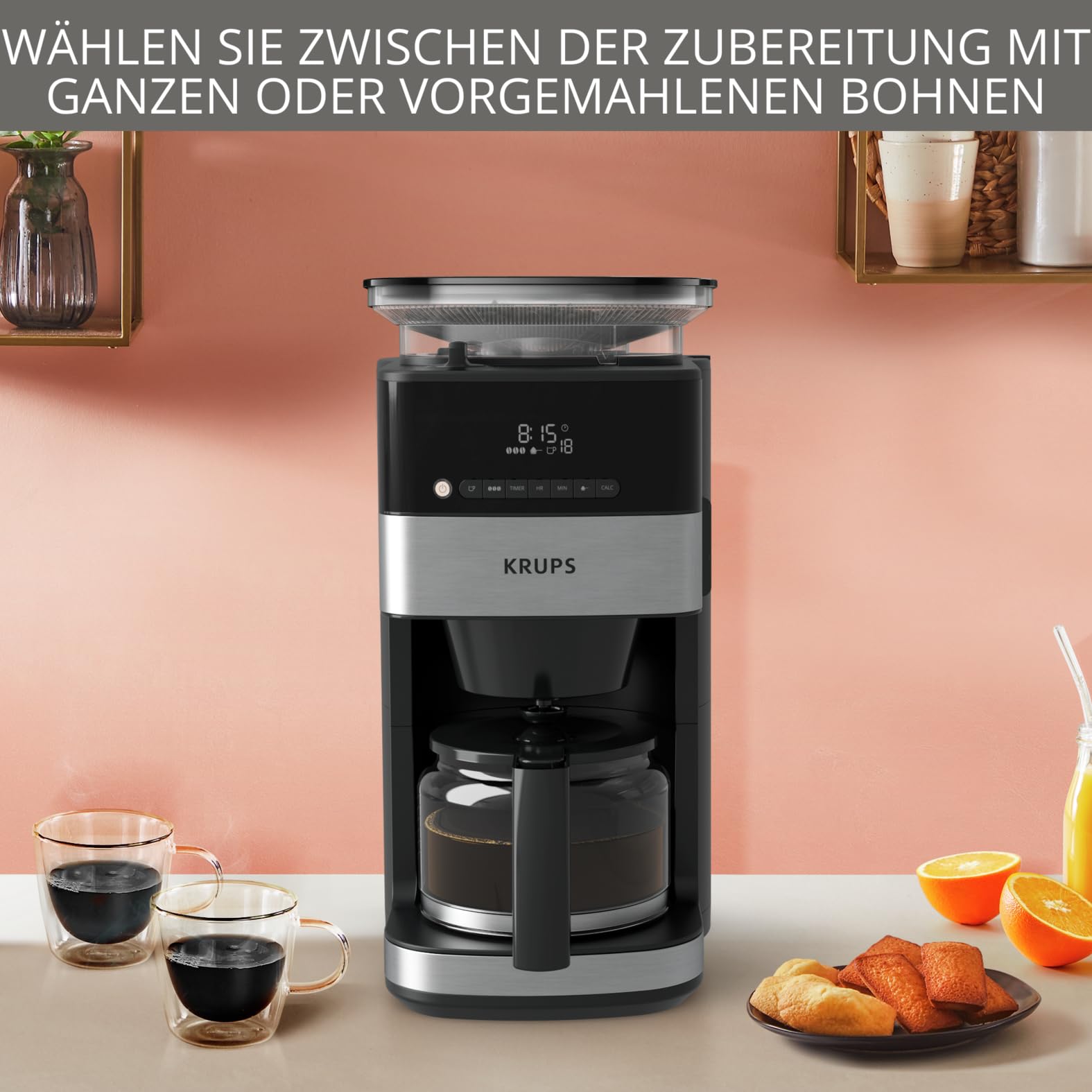 Krups KM8328 Grind Aroma Kaffeemaschine mit Mahlwerk | 24-Stunden-Timer | 180 g Bohnenbehälter | 1,25 L Fassungsvermögen für bis zu 15 Tassen Kaffee | Auto-Off-Funktion | 3 Mahlgrade | Schwarz