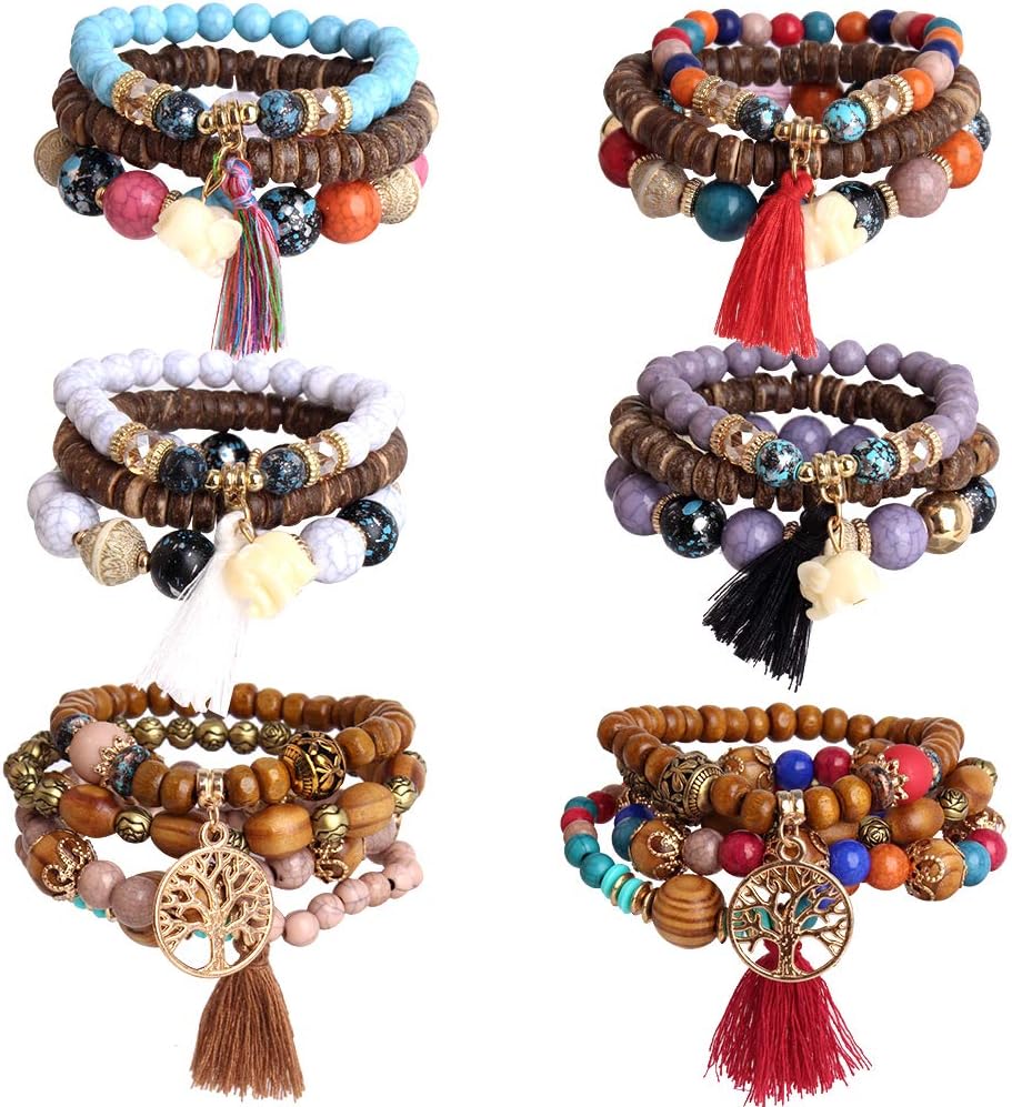 Defrsk6 Sets Stackable Bracelets for Women Colorful Bohemian Bracelets Hippie Jewelry Tassel Stretch Bracelet Set Gifts Bracelets for Women Beaded Bracelet