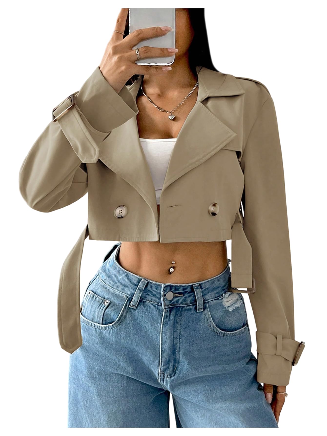 GORGLITTER Womens Cropped Short Trench Coat Jacket Fall Trendy Long Sleeve Double Breasted Casual Fall Work Outerwear 2025