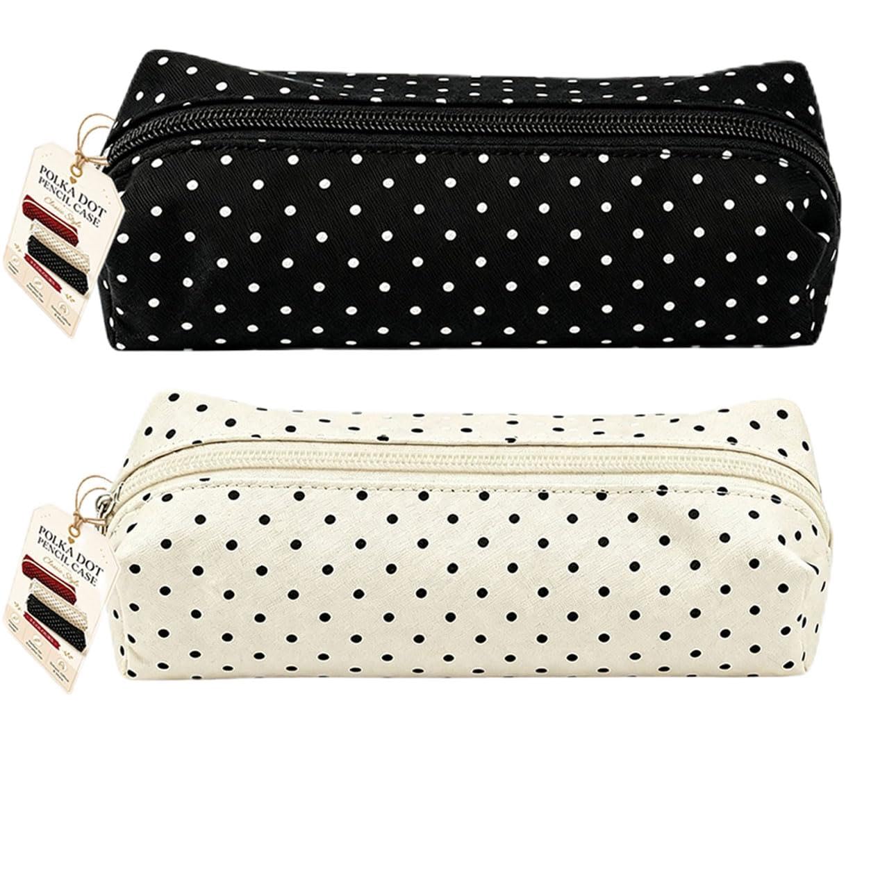 Everydries Special Polka Dot Canvas Pencil Case, Simple Zipper Pen Pouch with Compartments, Large Capacity Pencils Case Vintage Pen Pencil Pouch Makeup Pouchs Cute Supplies (2pcs-White+Black)