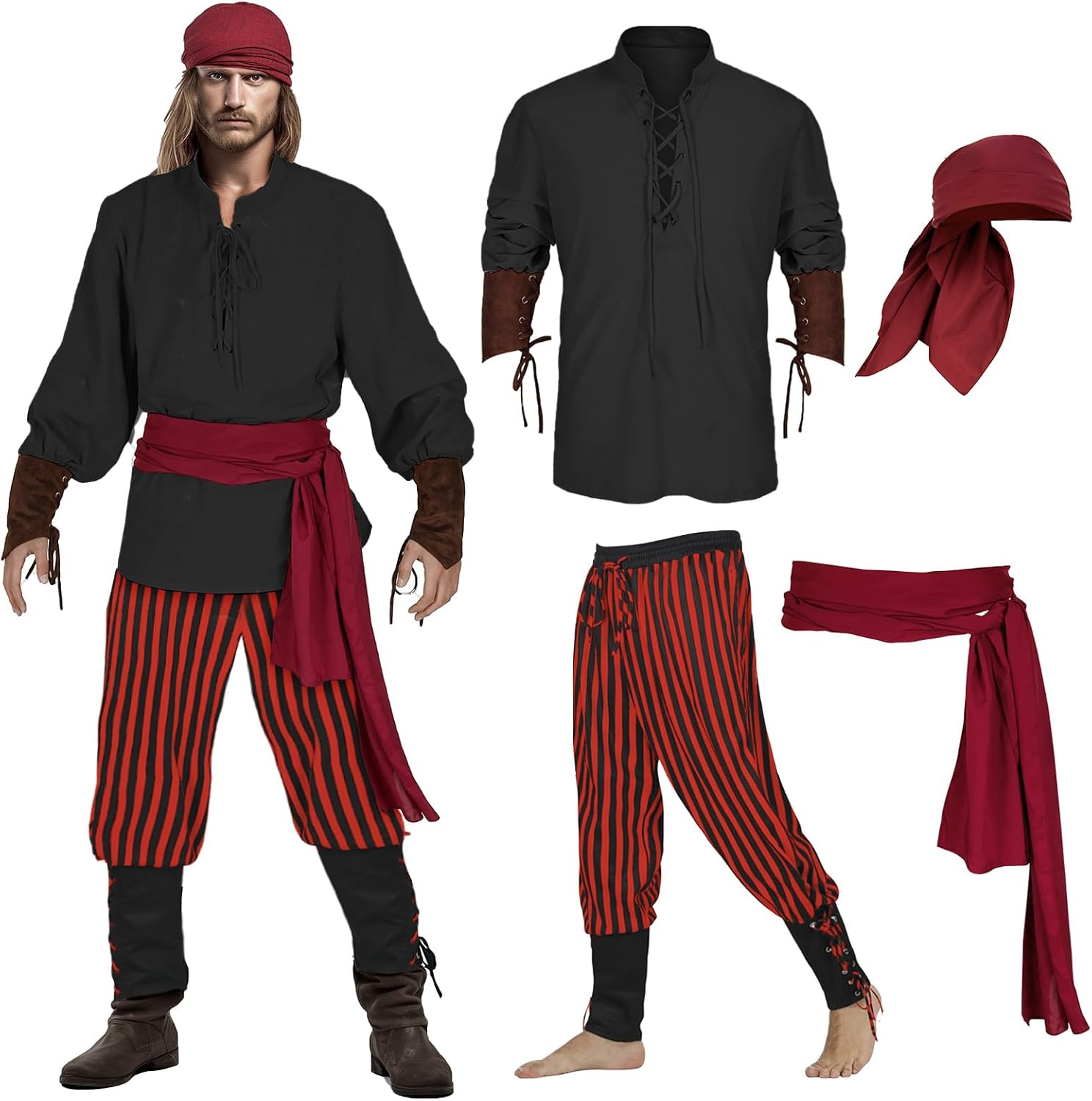 Teyujosem Men's Pirate Costume Set 4 PCS Medieval Renaissance Shirt Viking Ankle Banded Pants Halloween Costume