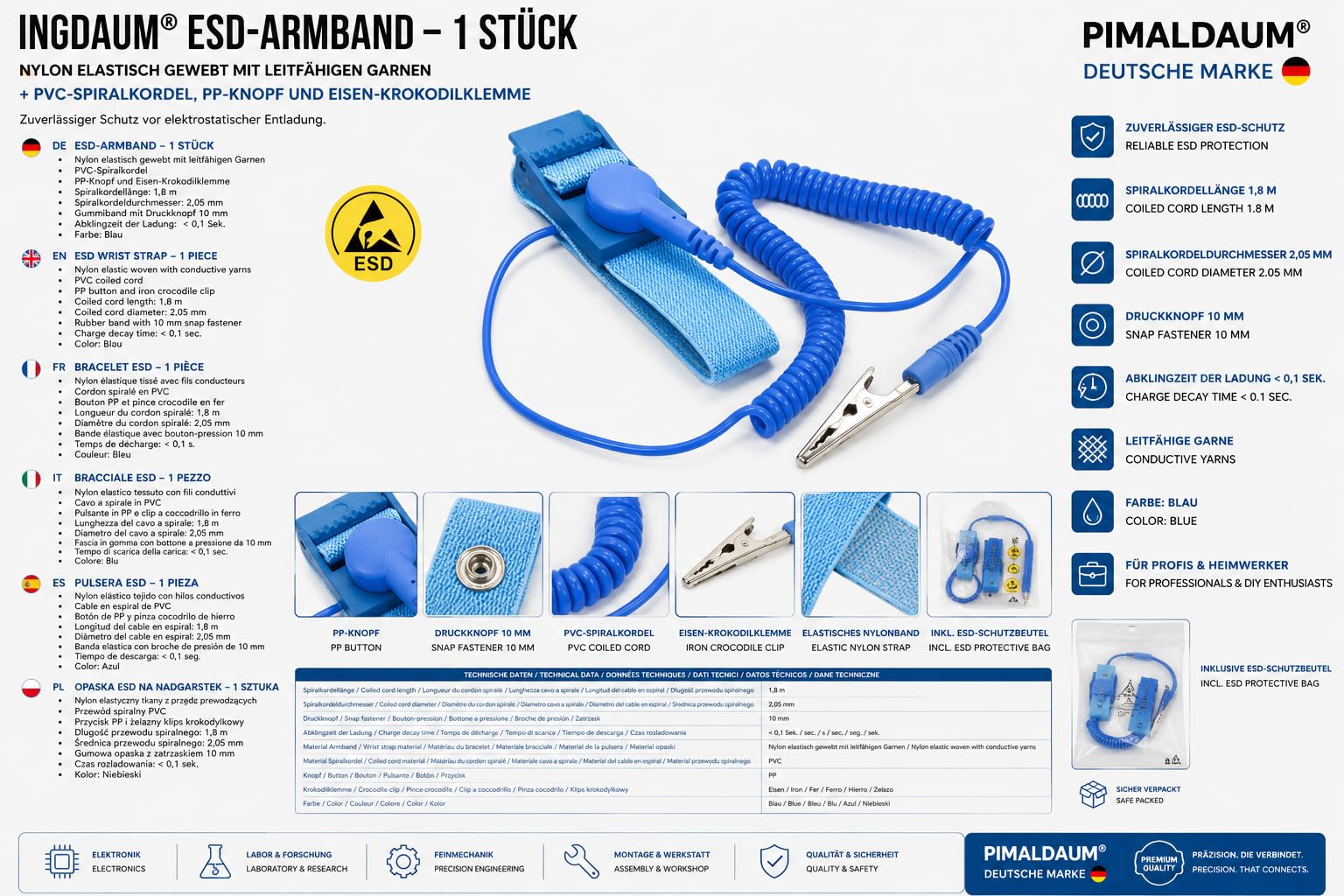 ESD Armband mit Erdungskabel, 1 Armband | Antistatik, Schutz vor elektrostatischer Entladung, Für Elektronik, PC & Reparaturarbeiten