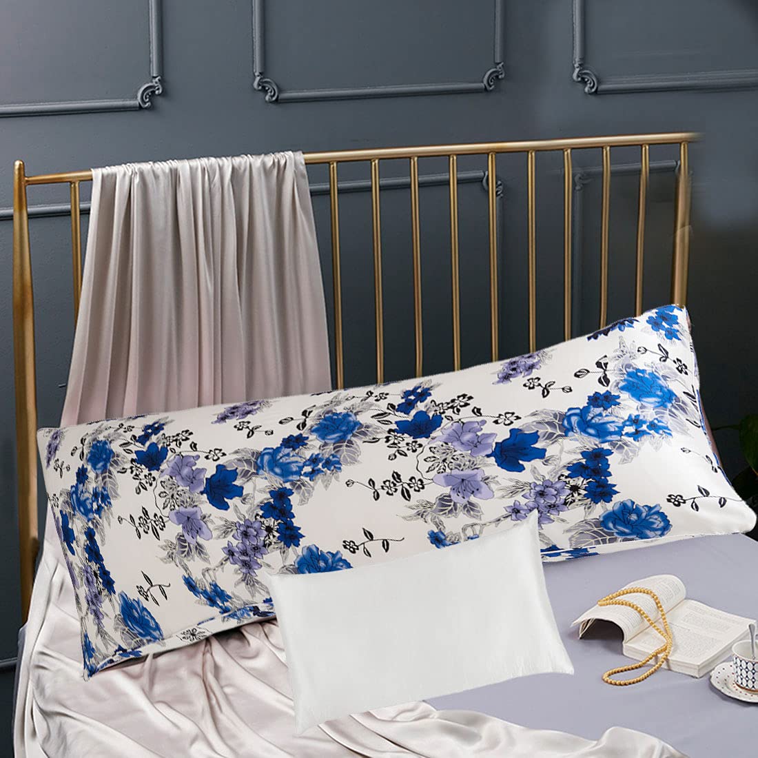 Cozysilk 100% Silk Body Pillowcase for Hair & Skin with Hidden Zipper, 20 Momme Silk Body Pillow Pillowcase, Pure Mulberry Silk Maternity Pillow Cover for Women Pregnancy (20 x 54, Blue Flowers)