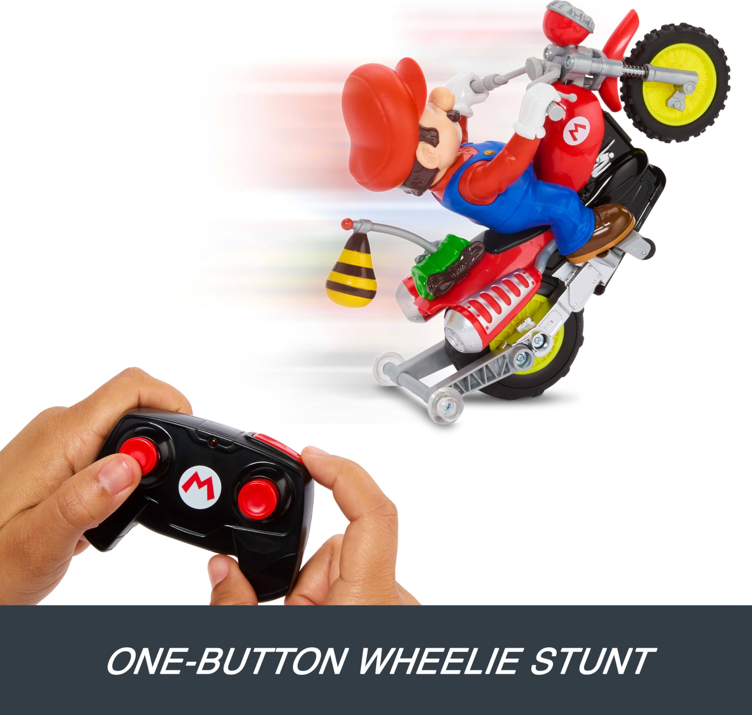 Hot Wheels Mario Kart Moto teledirigida, Moto de Motocross teledirigida para Hacer caballitos de “Super Mario Galaxy: la película” con Figura de héroe, JML15