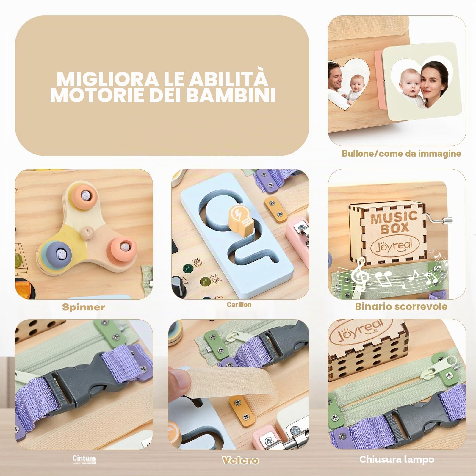Joyreal Montessori Busy Board 1 Anno, Pannello Sensoriale Montessori Giochi con 20 LED, Legno Giocattolo Educativi Regalo Bimbo 1 2 3 Anni