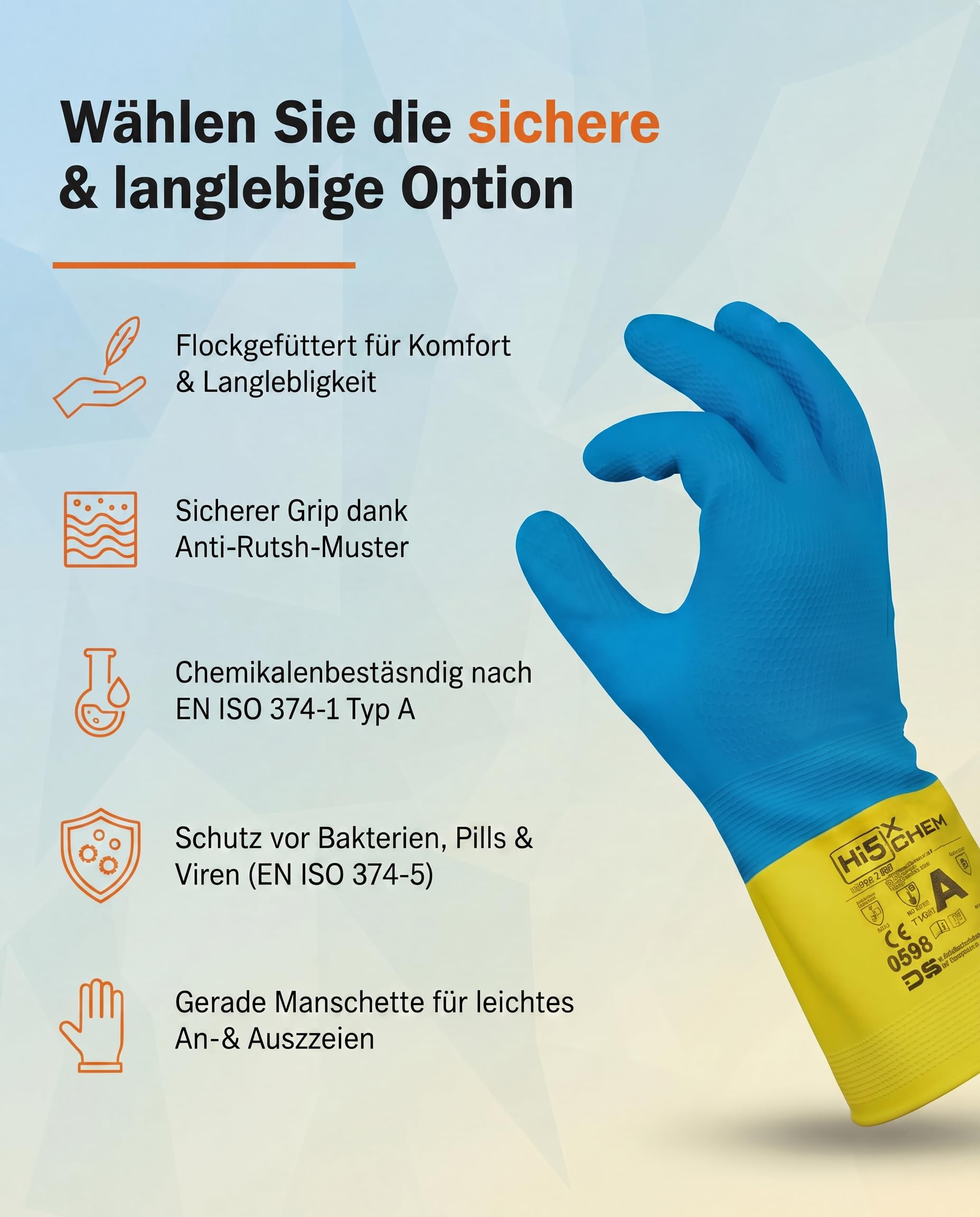Hi5 Chem - Chemikalienschutzhandschuhe aus Naturkautschuk- Größen M, L, XL, XXL, (8, 9, 10, 11) - rutschfeste, flüssigkeitsdichte Arbeitshandschuhe mit Flockfutter - für Industrie (XL, 144.0, stück)