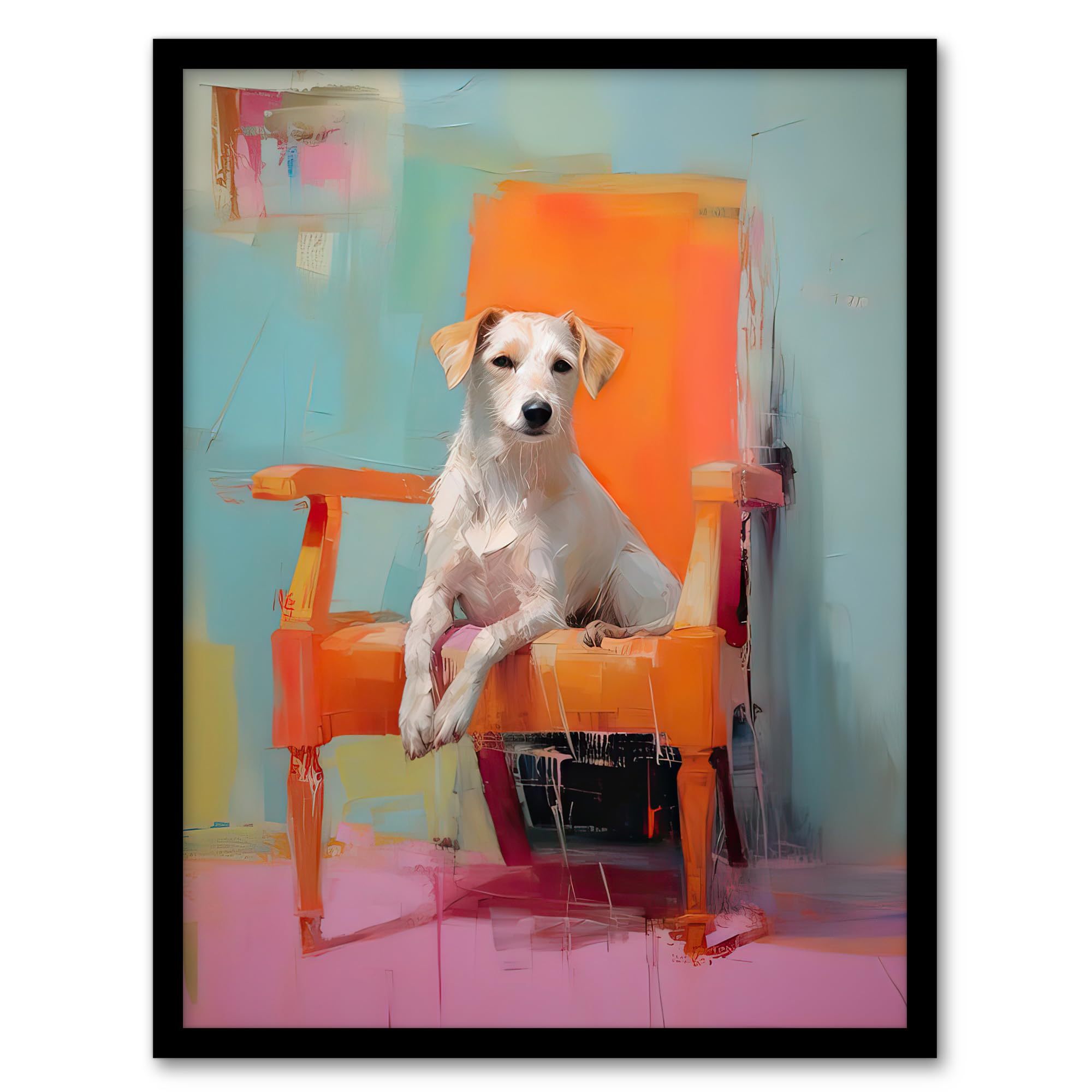 Artery8 Content Dog Portrait Resting on Orange Armchair Artwork Framed Wall Art Print 18X24 Inch