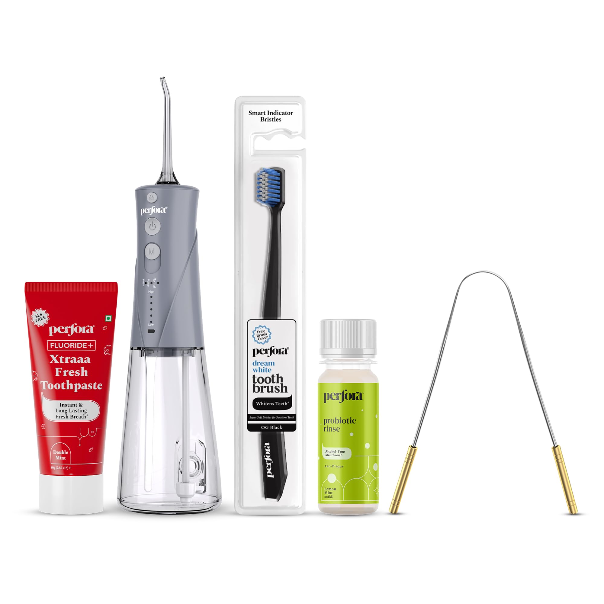 Perfora Oral Care Kit - Pack of 5 | SLS-Free Toothpaste | Alcohol-Free Mouth Wash Liquid Freshens Breath & Removes Germs | Super Soft Bristles | Water Flosser - 300ml, 2 Year Warranty