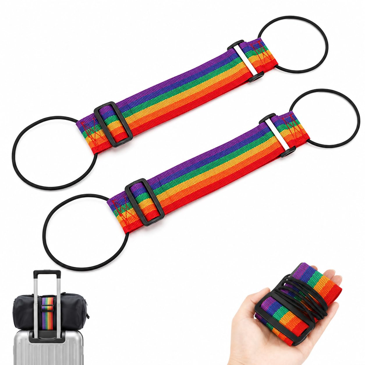 Kawn 2 Pcs Rainbow Luggage Strap for Suitcase | Adjustable Elastic Nylon Travel Belt with Dual Loop Fastening | Wide Stretch Baggage Strap for Trolley, Travel Bags & Suitcase Security-image-37