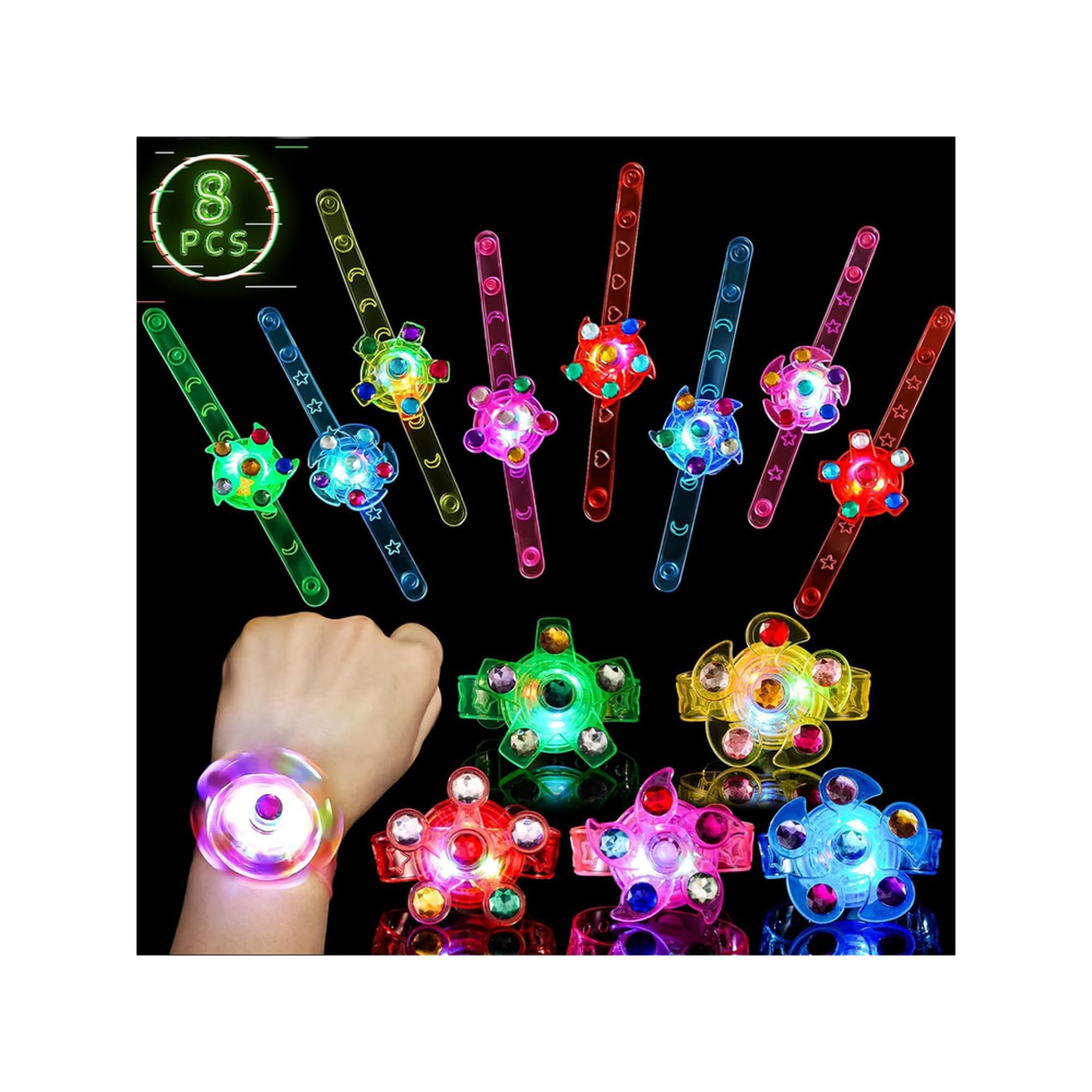 SCIONE 8 Pack LED Light Up Fidget Spinner Bracelets, Glow in The Dark Party Supplies Party Favors for Kids 4-8 8-12, Birthday Gifts, Treasure Box Toys