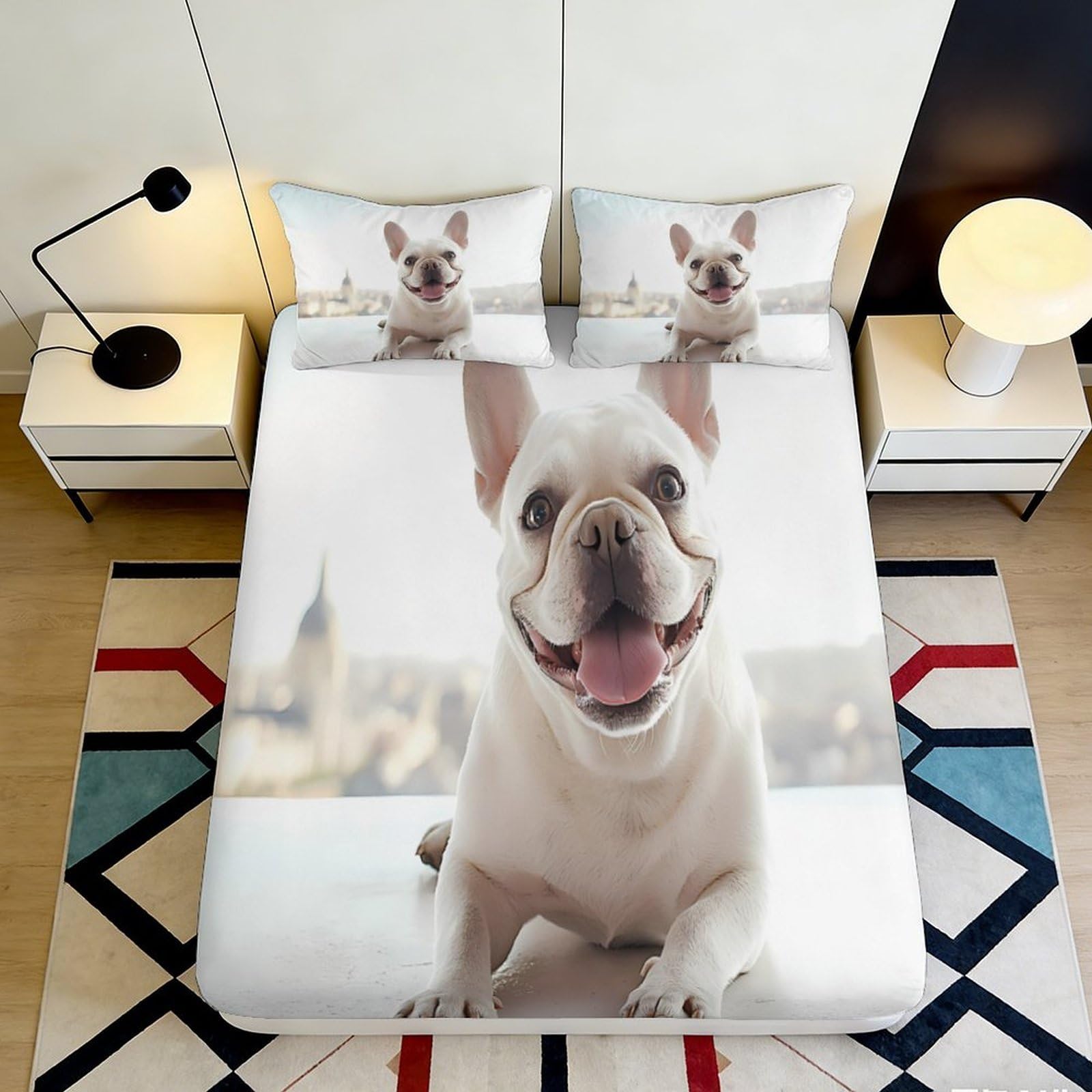 3D Printed Happy Bulldog Fitted Sheet Microfiber Soft Breathable Smiling Dog Bed Cover for Bedroom Dormitory Guest Room Mattress Protection Decor 140x200x25cm