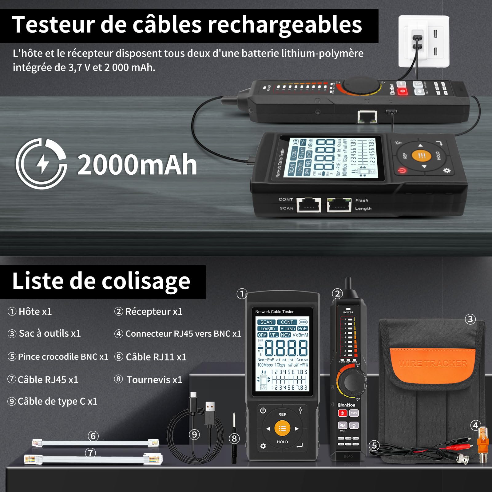 Henkion Testeur RJ45 Professionnel Traceur de Câbles Réseau Multifonction, test de continuité UTP et défaut connecteur, longueur, OPM, POE 802.3af/at/bt etPOE non standard, clignotement port, NCV