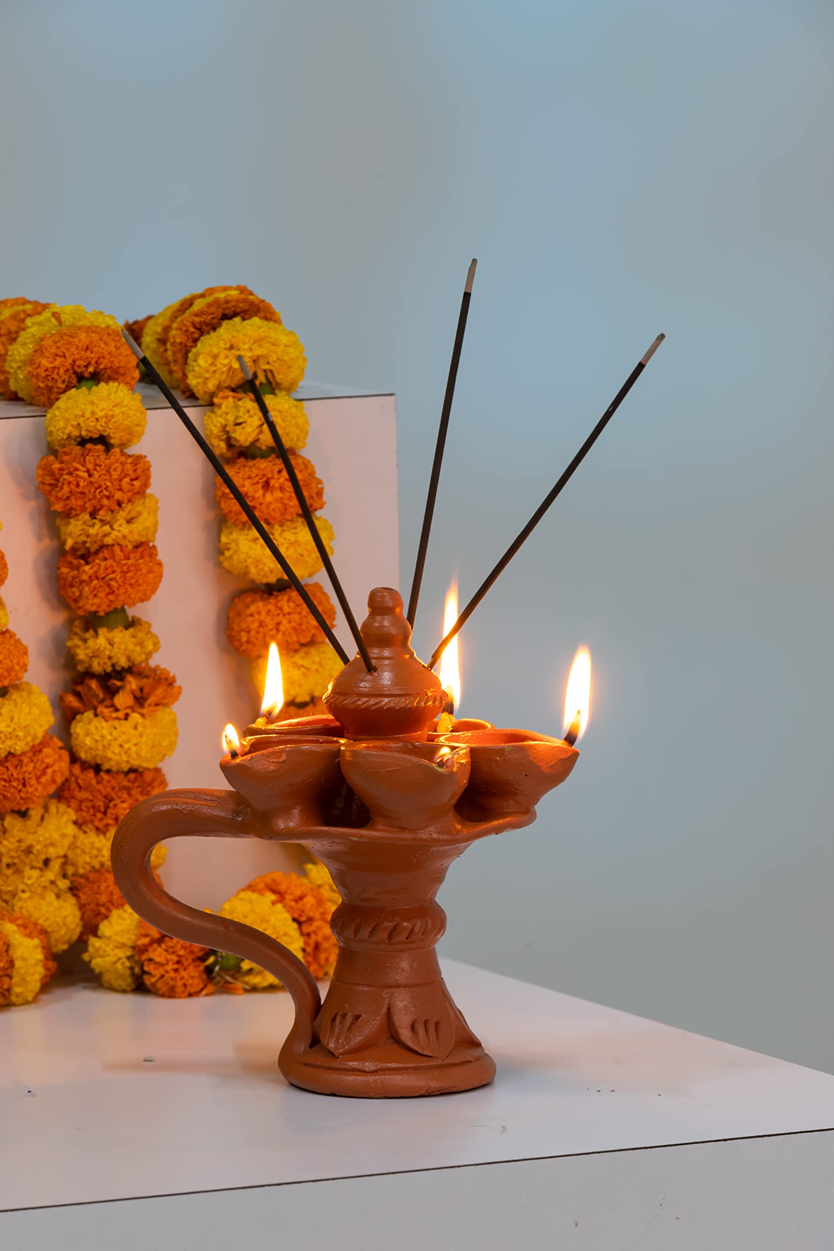 Karru Krafft Wheel Thrown Terracotta Stand Panch Diya with Handle and Incense Stick Holder for Pooja Decor, Navaratri Decor, Diwali Lighting, Diwali Gifting, Home Decor