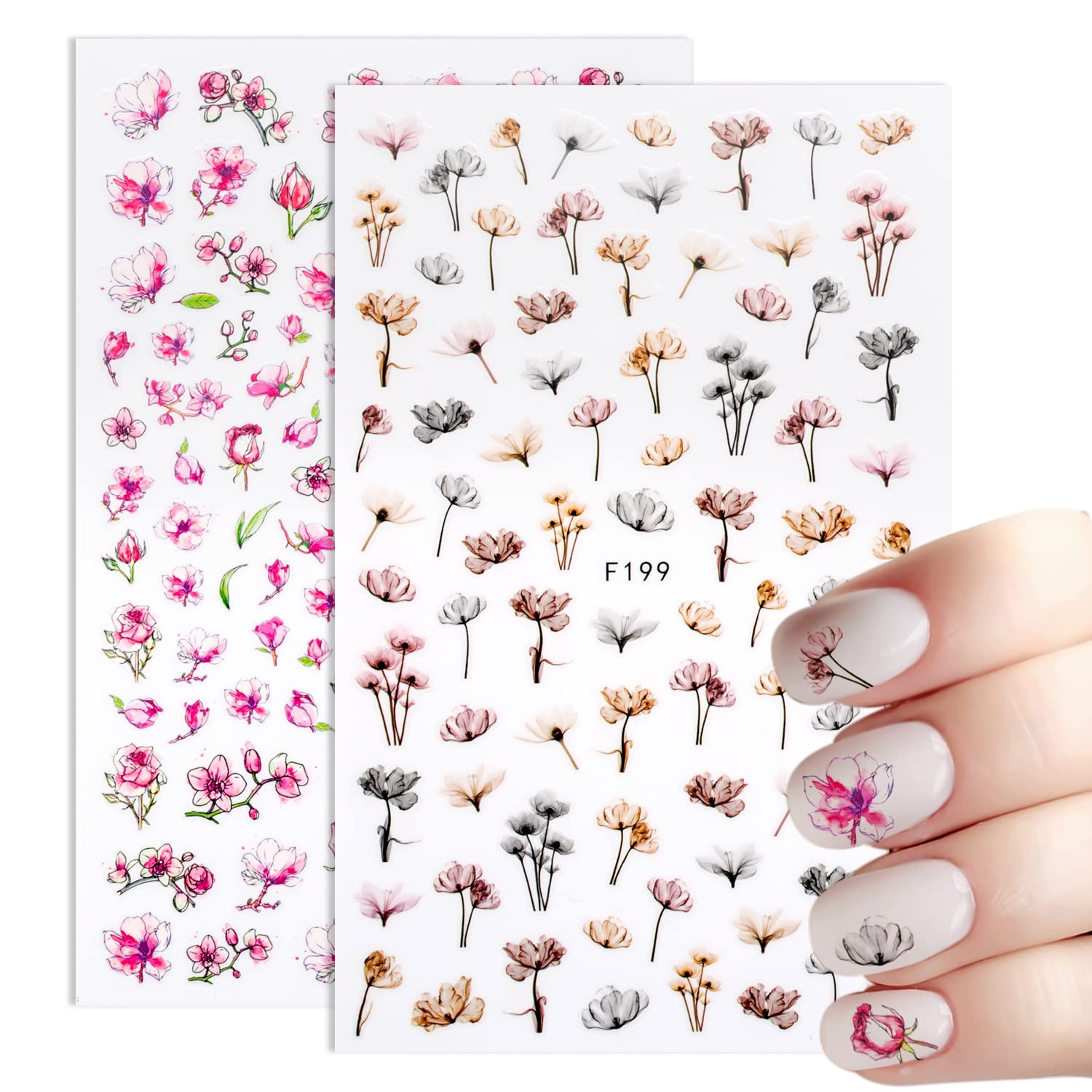 8 Blatt Nagelaufkleber Mit 3D-Blumen – Rosa Blumen-Design, Selbstklebend, Für Fingernägel, Einfach Anzubringen