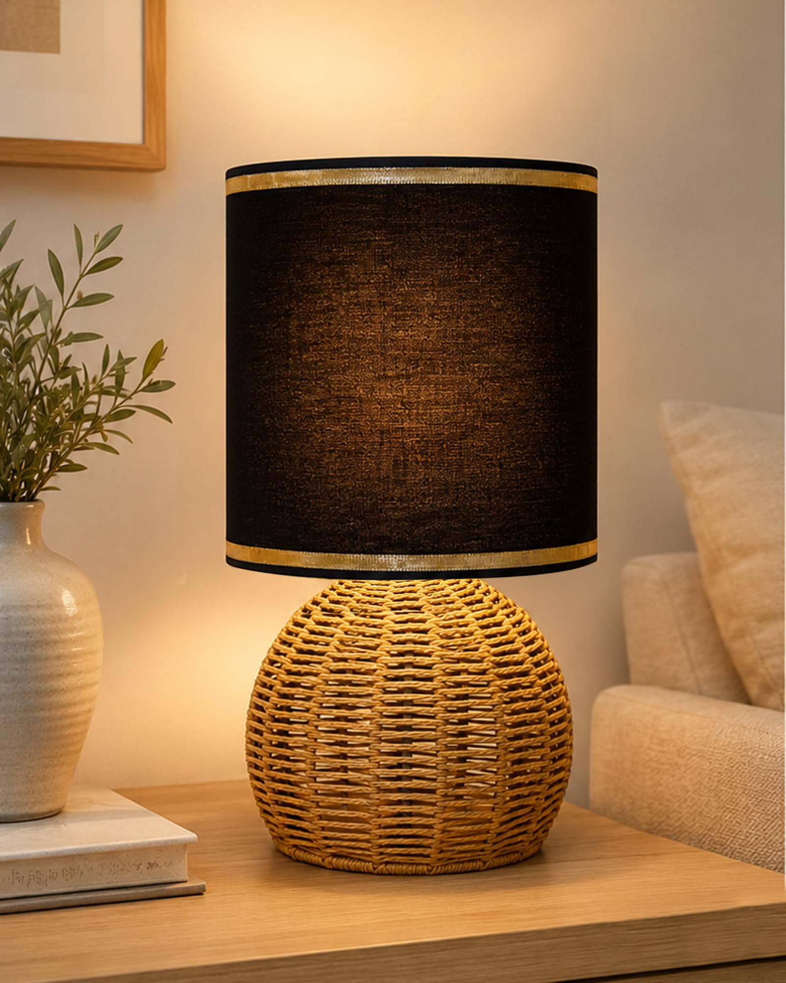 Homesake® Shade Rattan Table Lamp for Bedroom & Living Room, Natural Wicker Bedside Lamp for Bedroom, Living Room & Home Décor, E27 Holder, Livra, Scandinavian, Minimal Style Lighting (Round, Black)-image-0