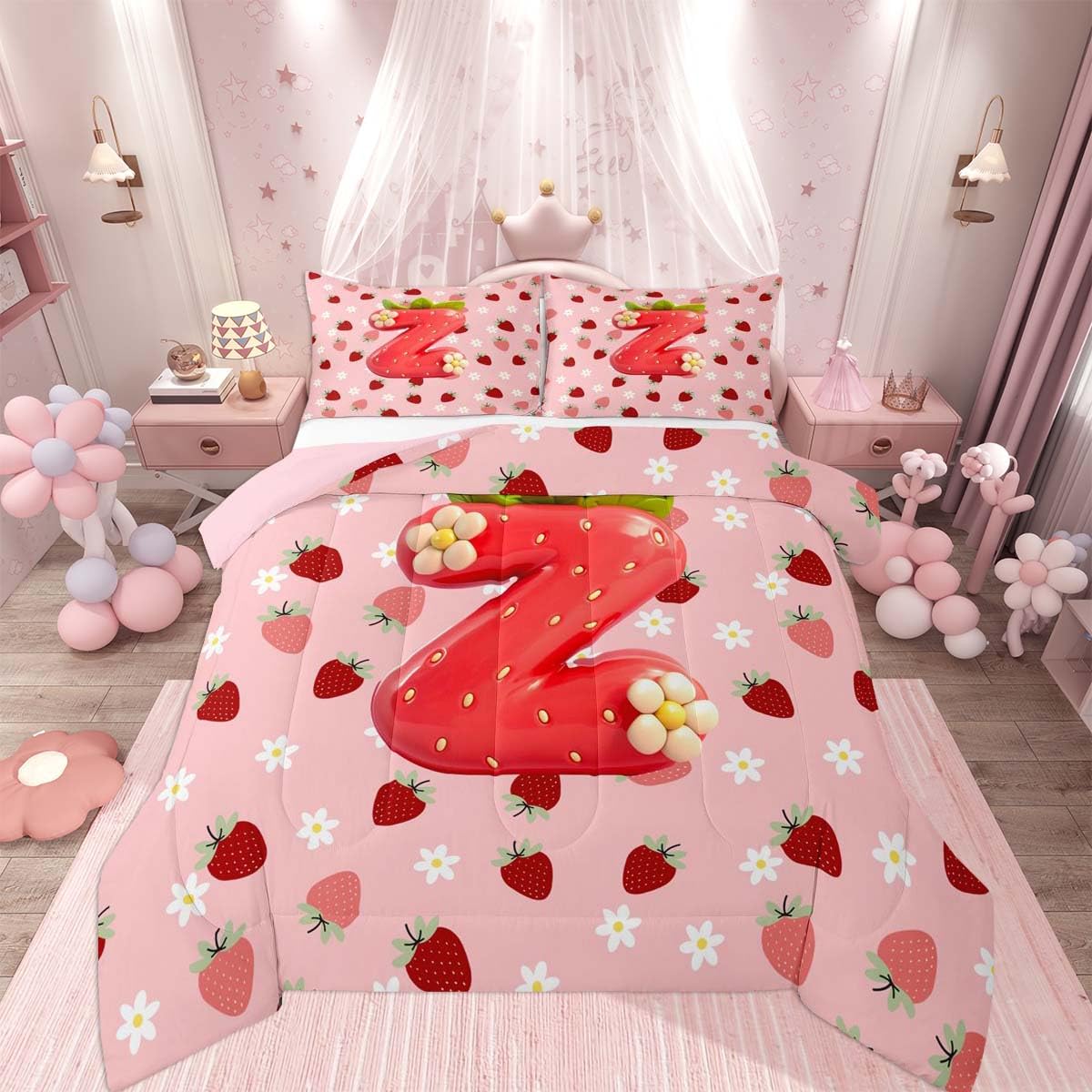 Feelyou Girls Cute Strawberry Bedding Set Soft for Boys Girls, Pink Strawberry Comforter Set Full Size Initial Letter Z Duvet Quilt Microfiber Bedroom Decor 3 Pcs with 2 Pillow Cases