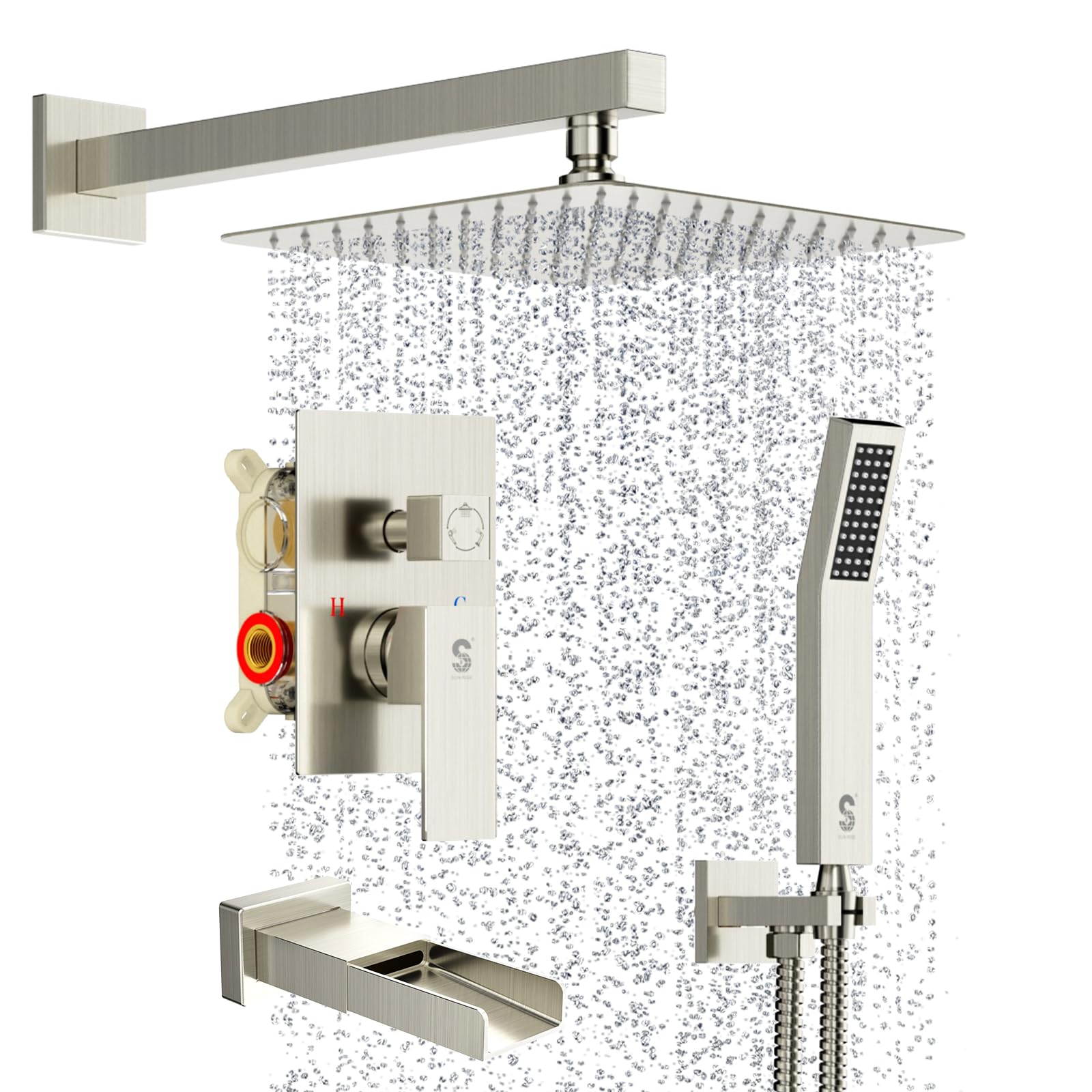 SR SUN RISE 10 Inches All Metal Bathtub Faucet Set Shower System with Tub Spout Square Rain Shower Head and Handheld Combo Shower Fixtures, Modern Valve and Trim Kit, Brushed Nickel