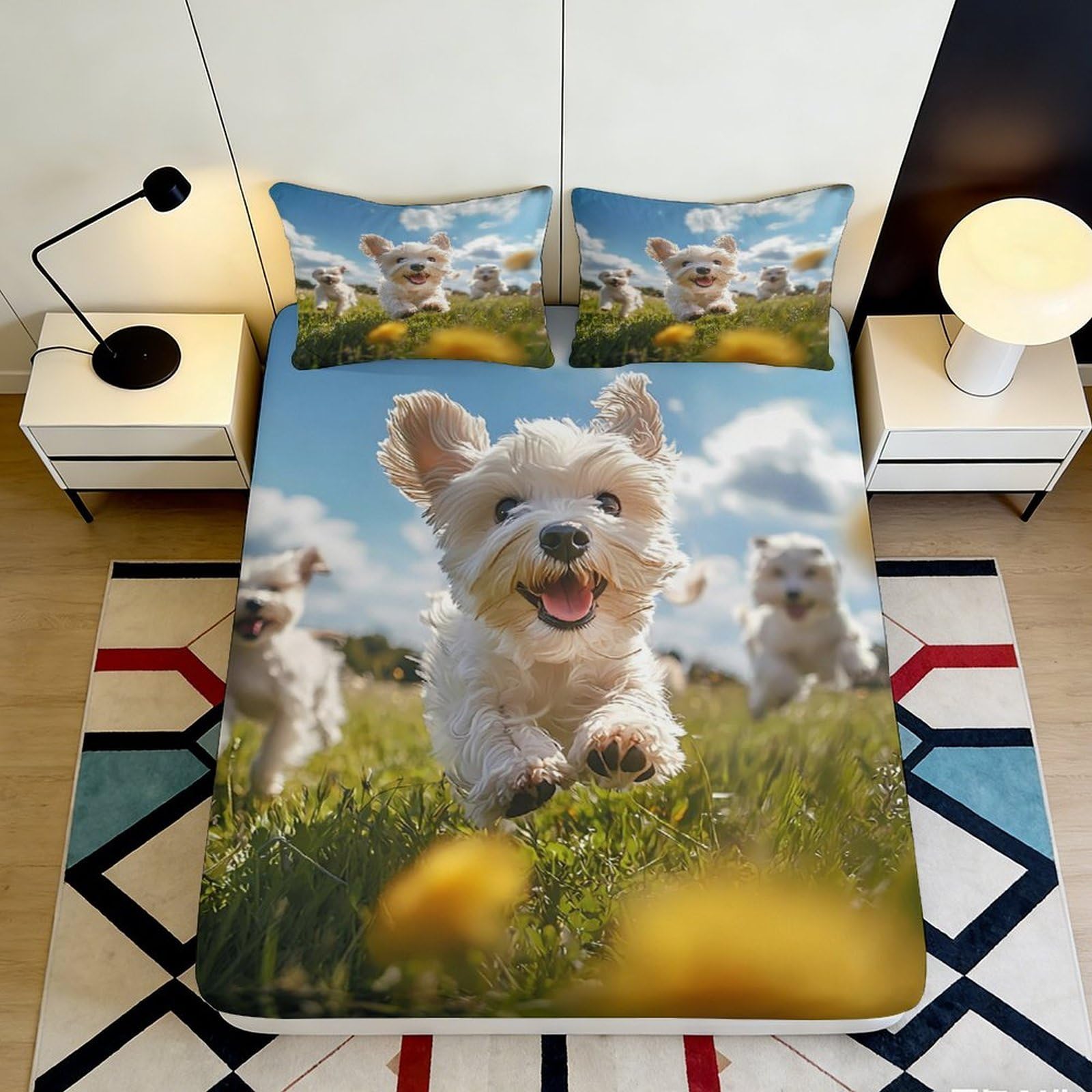 3D Printed Happy Puppy Fitted Sheet Microfiber Soft Breathable Running Dogs Mattress Cover for Bedroom Dormitory Guest Room Mattress Protection Decor 140x200x25cm