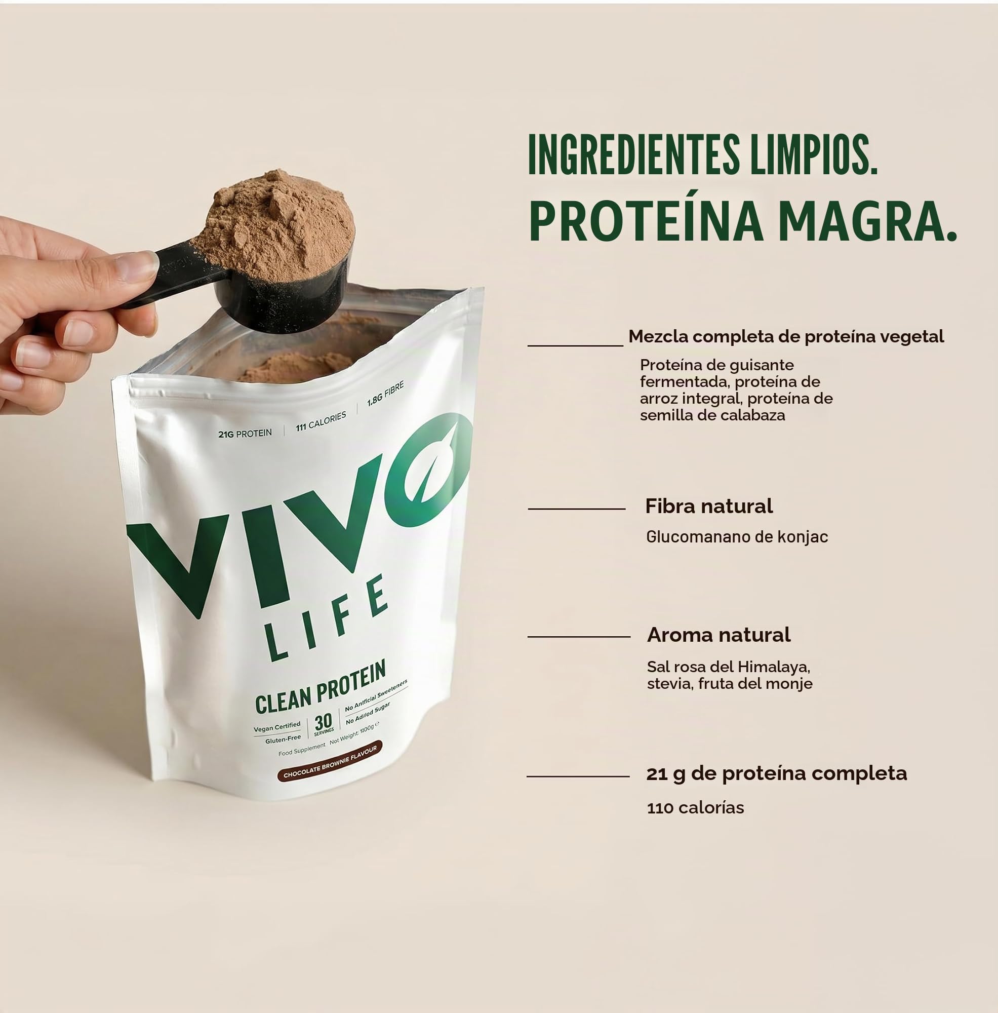 Vivo Proteína vegana en polvo, 21 gramos de proteína de origen vegetal por cucharada, 30 porciones (900 g) (sin sabor)