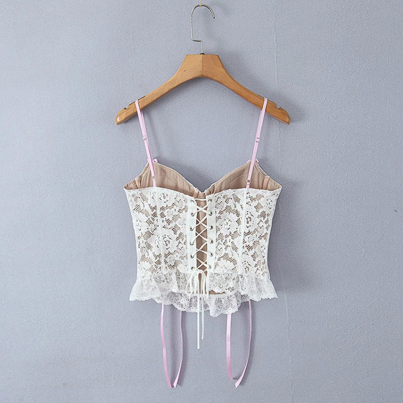 Top Halter con Adornos de Encaje, Lazo, Ojales y Detalles Amarre Camisola Ajustada sin Tirantes Dobladillo Irregular Blanco Cinta Rosa