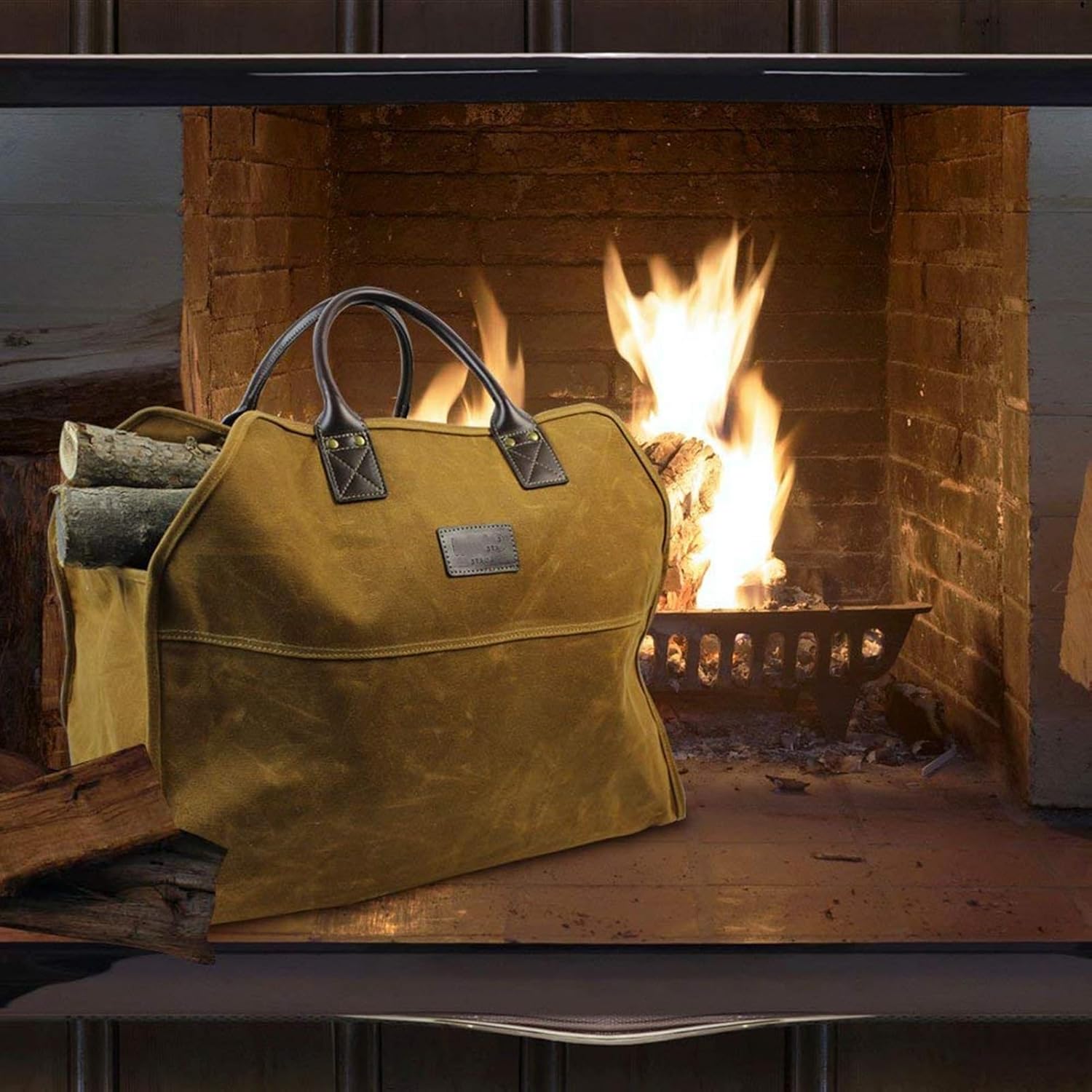 Heavy Duty Wax Canvas Log Carrier Tote,Large Fire Wood Bag,Durable Firewood Holder,Canvas Shopping Bags, Fireplace Wood Stove Accessories Storage Bag, for Fire Pit for Camping, BBQ Barbecue