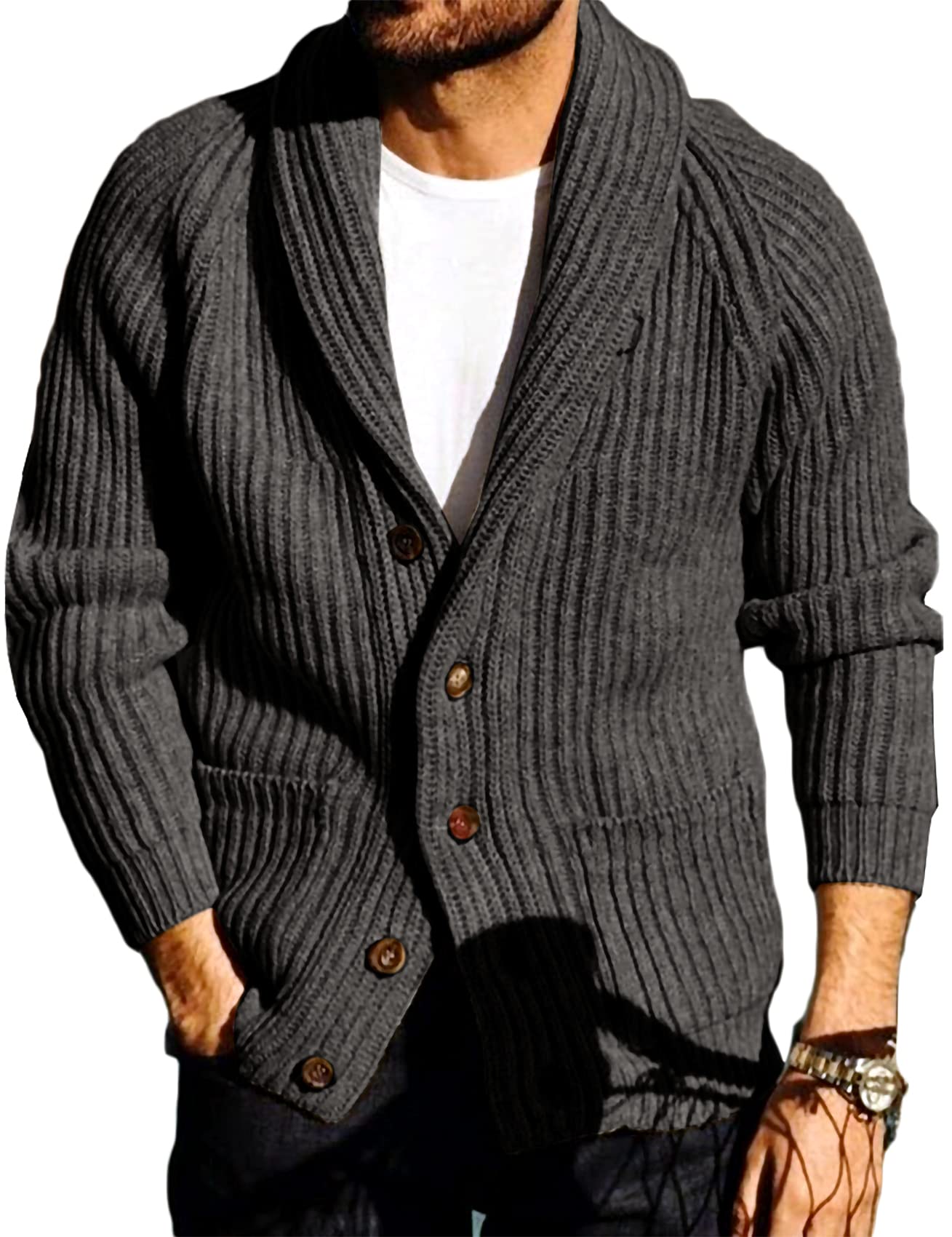 Sponsored Ad – Mens Cardigan Knitted Chunky Jacket Shawl Collar Cable Knit Loose V Neck Knitwear Outerwear