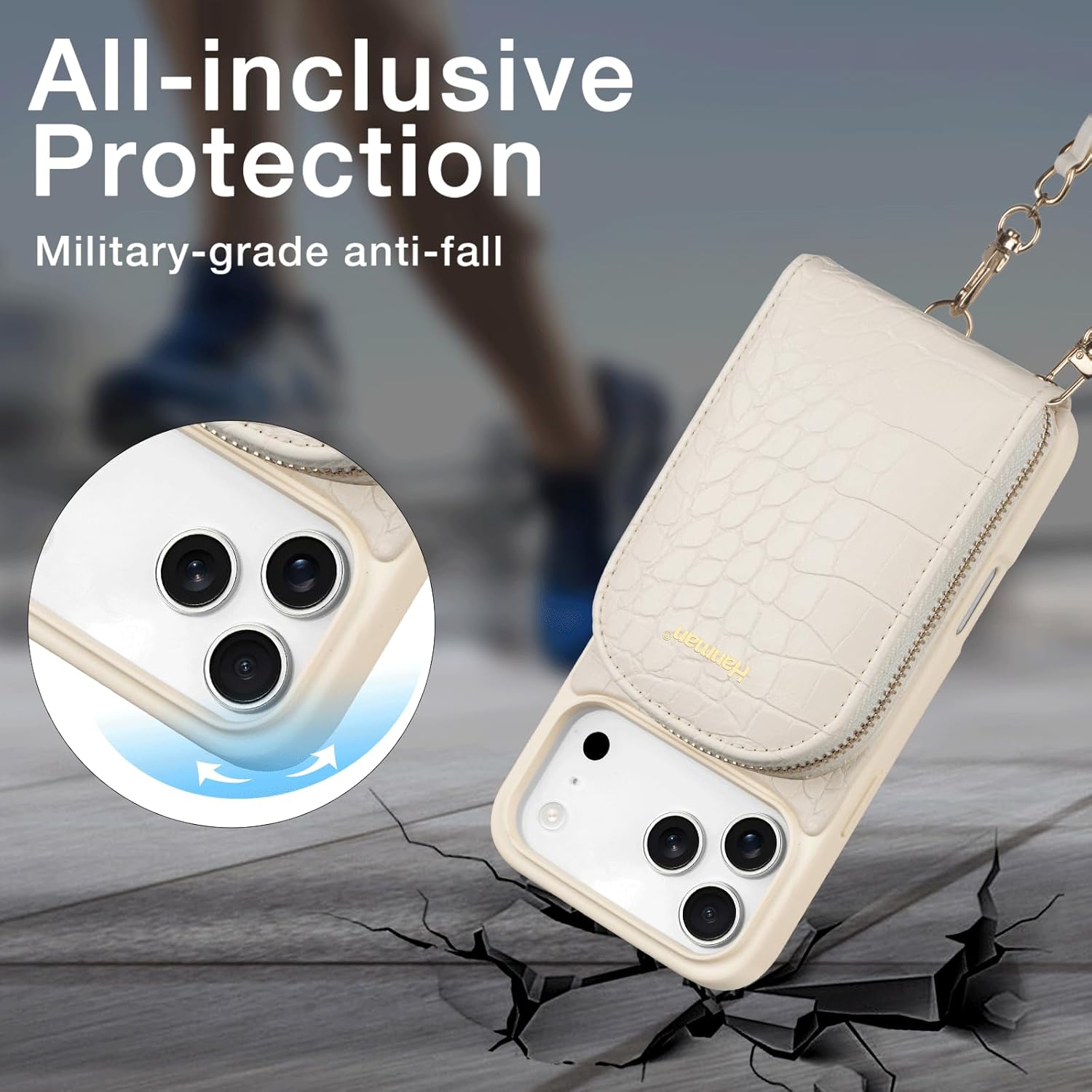 Hanman Magnetic Wallet Case for iPhone 17 Pro,RFID Blocking Leather Zipper Purse Magnetic Case with Chain Patche for iPhone 17 Pro,2 in 1 Detachable Magnetic Wallet Cover-Beige