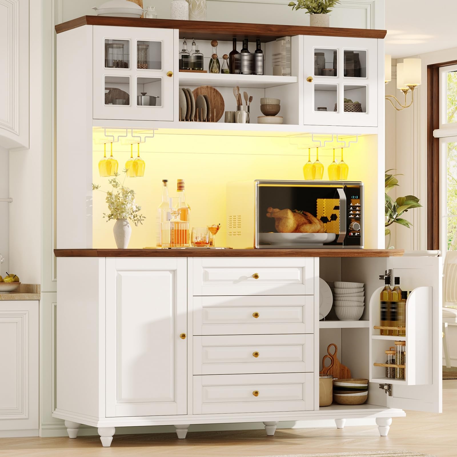 Meuble Cuisine avec Éclairage LED et Plan de Travail, Buffet Haut Cuisine