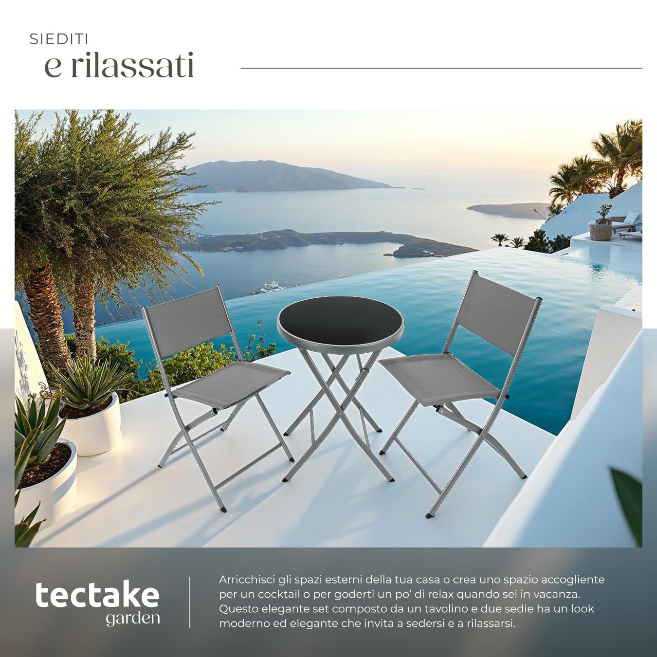 Set da Balcone Düsseldorf Tavolino Salotto con Piano in Vetro e 2 Sedie Mobili da Giardino con Telaio in Acciaio Richiudibile Trasportabile Design Moderno Grigio