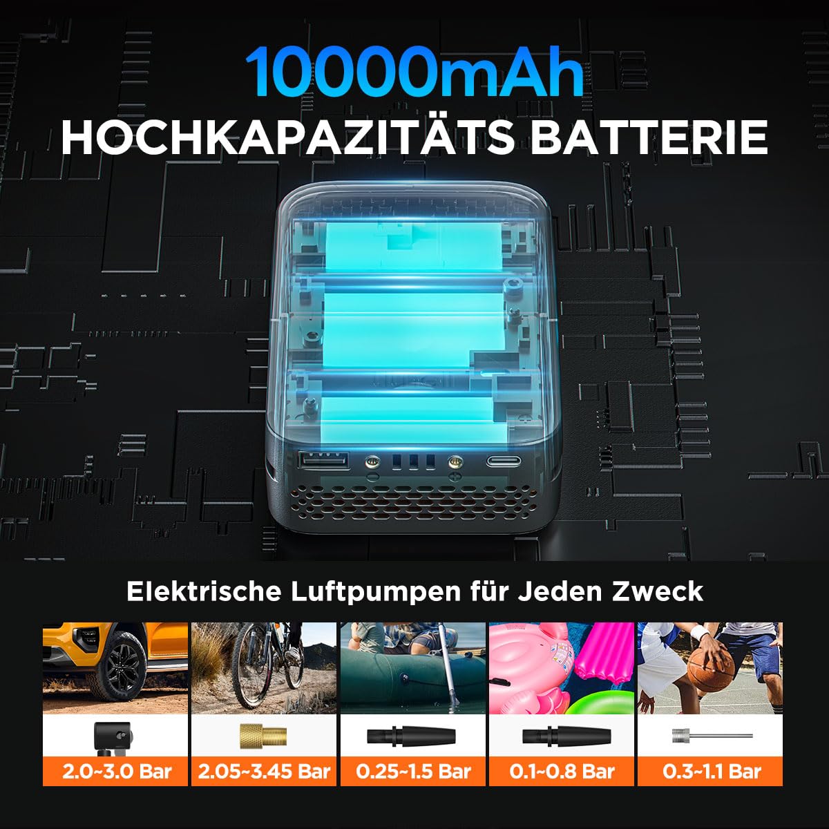 Litheli Elektrische Luftpumpe Tragbarer Akku-Kompressor 10000mAh Digitalanzeige LED-Licht Max 10,3 bar