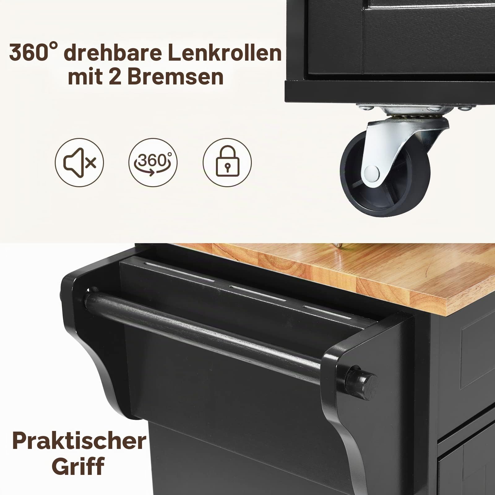 KOMFOTTEU Küchenwagen auf Rollen, Servierwagen Holz mit Arbeitsplatte, Kücheninsel mit Schubladen, 122x46x92 cm Schwarz