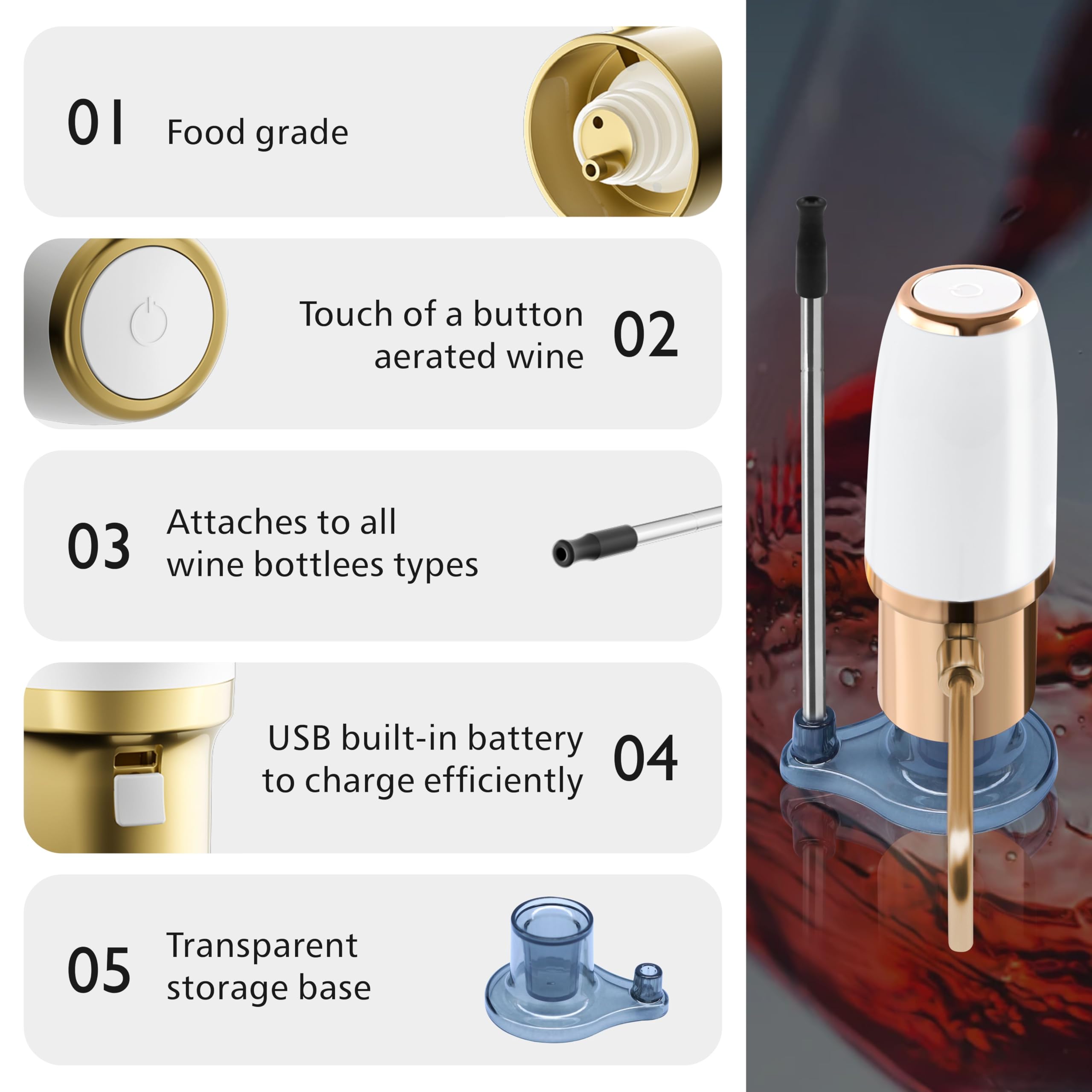 Aérateur de vin électrique, bec verseur intelligent et décanteur avec base de stockage, oxydé instantané, cadeau pour les amateurs de vin